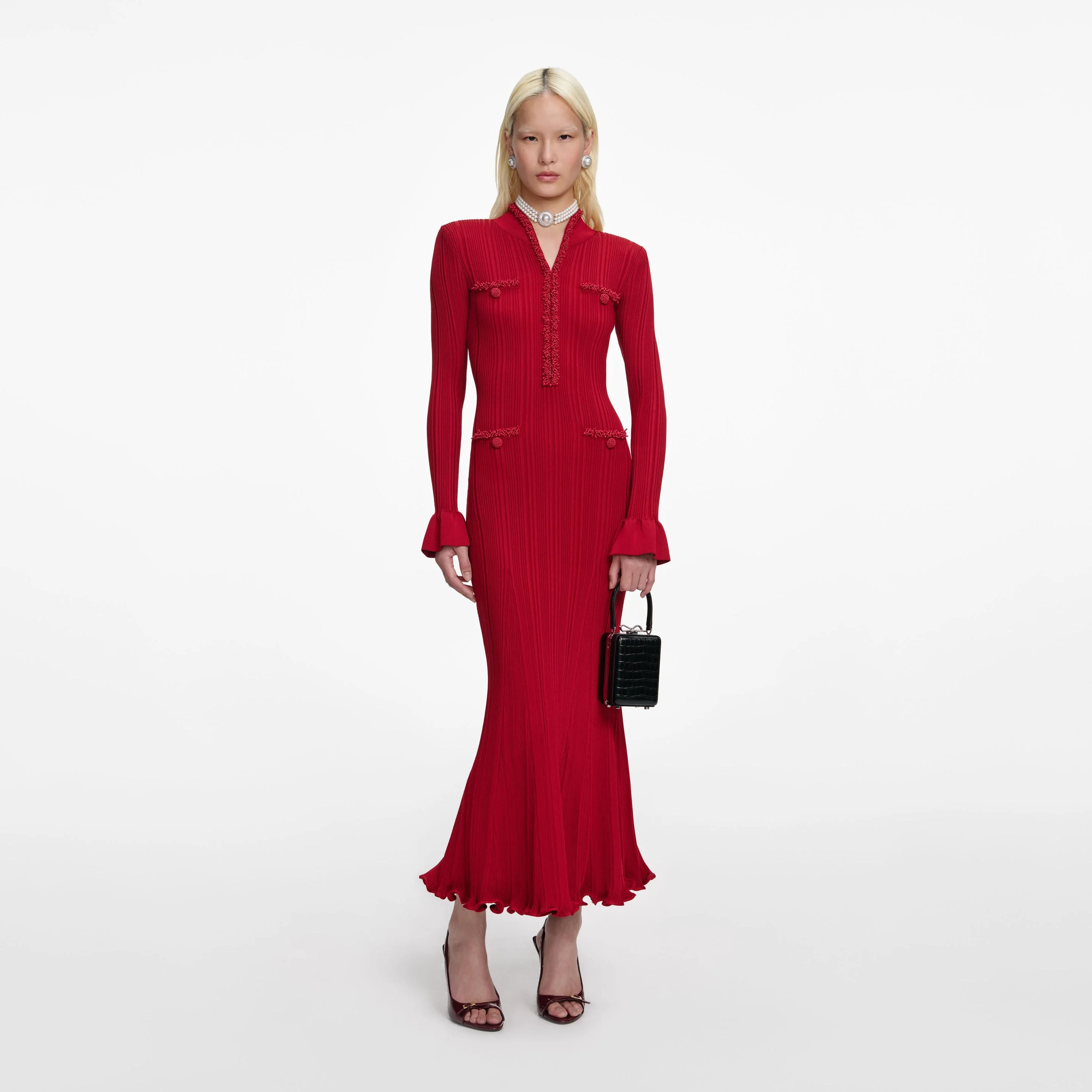 Red Pearl Trim Knit Midi Dress - 1