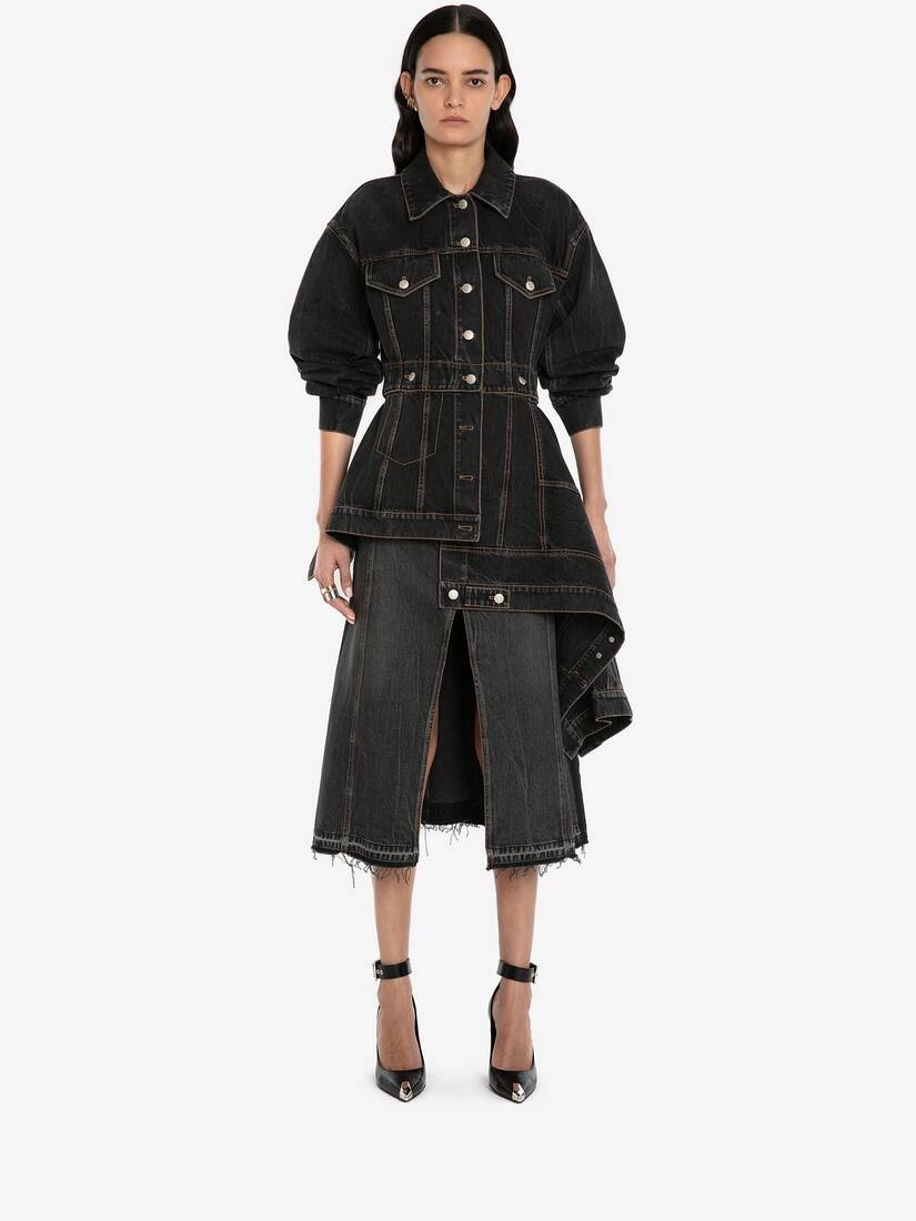Pieced And Patched Asymmetric Denim Jacket in Stone Washed Black - 2