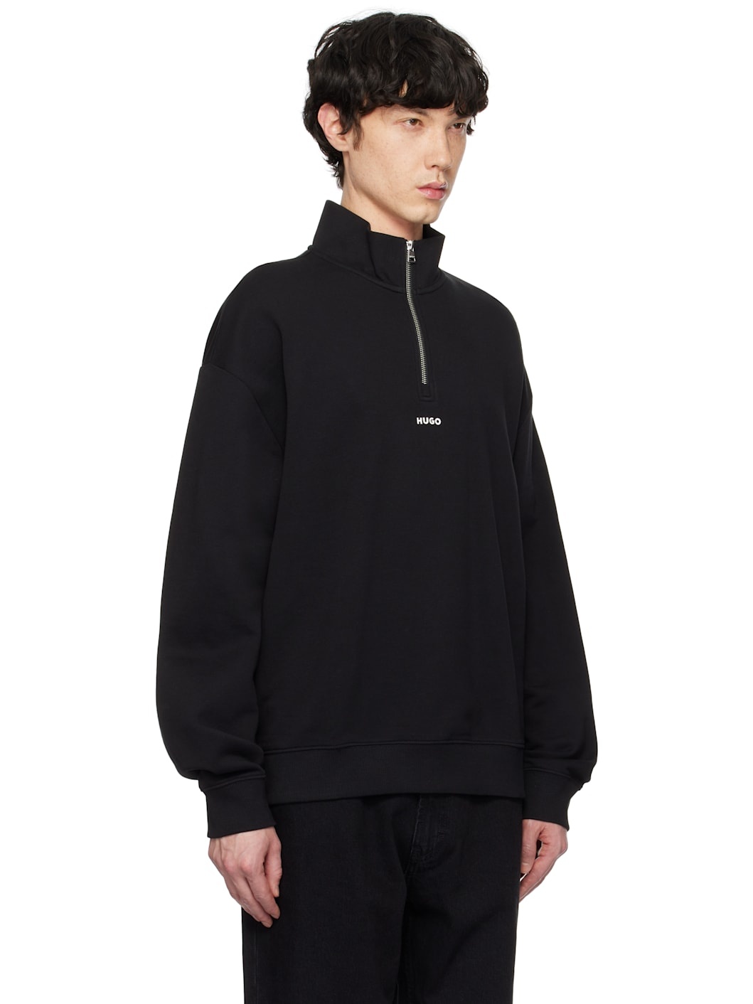 Black Logo Print Cotton-Terry Zip-Neck Sweatshirt - 2