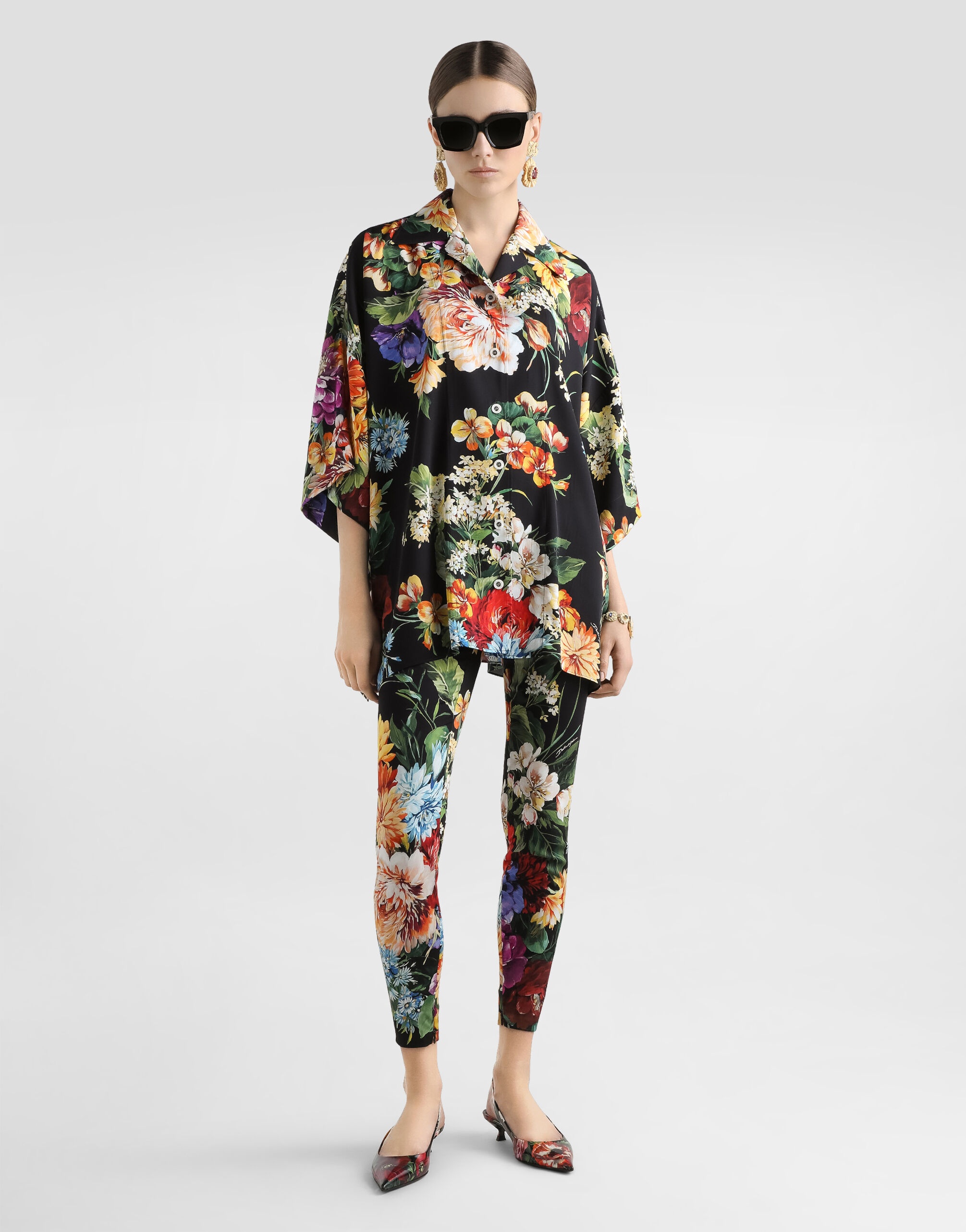 Flower bouquet-print charmeuse shirt - 2
