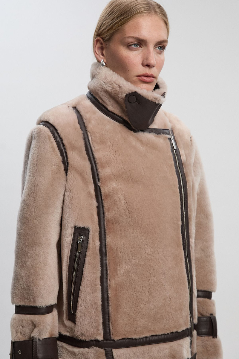 Shearling & Leather Tipped High Neck Coat 3
