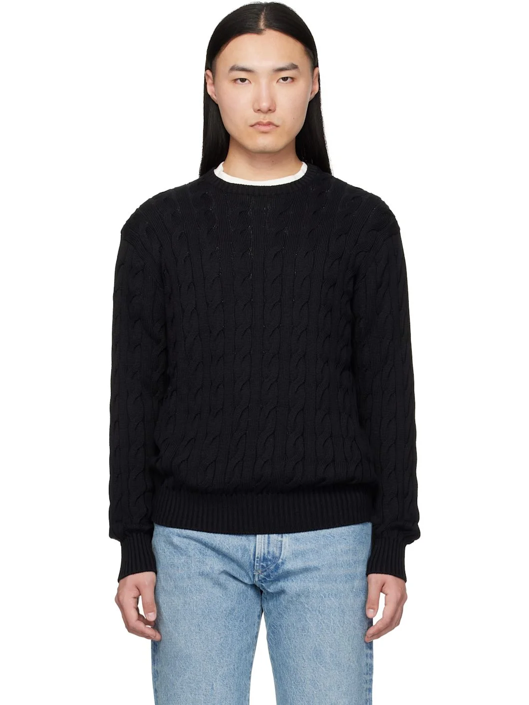 Black Cotton Silk Cable Crewneck Sweater - 1