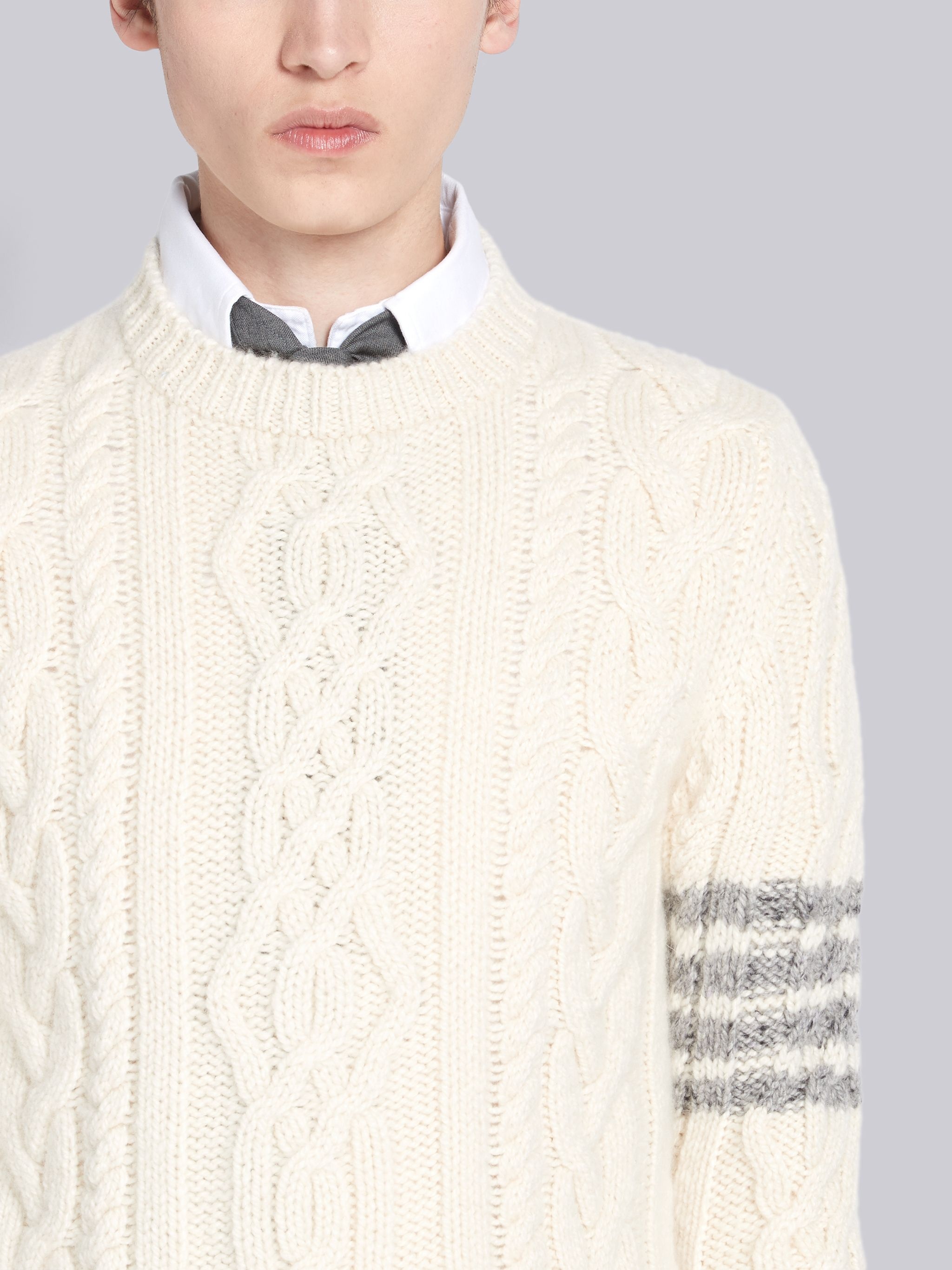 White Cashmere Aran Cable 4-bar Crew Neck Pullover - 5