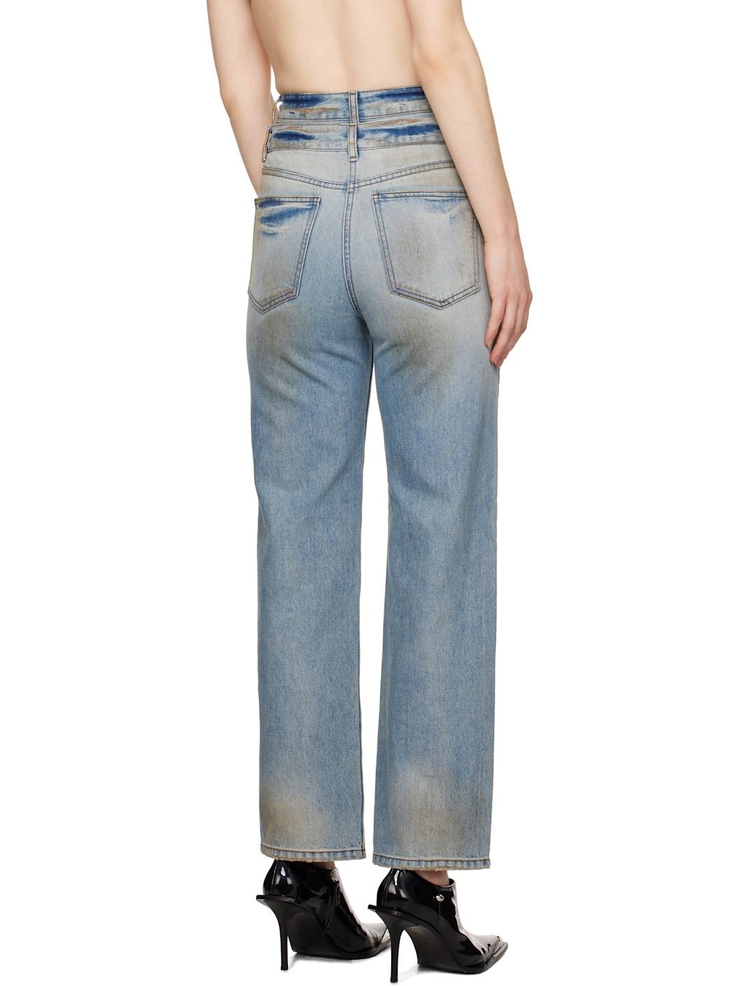 Blue Double Waist Dirty Jeans - 3