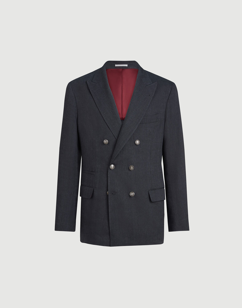 Linen and virgin wool chevron one-and-a-half breasted deconstructed blazer with metal buttons 1