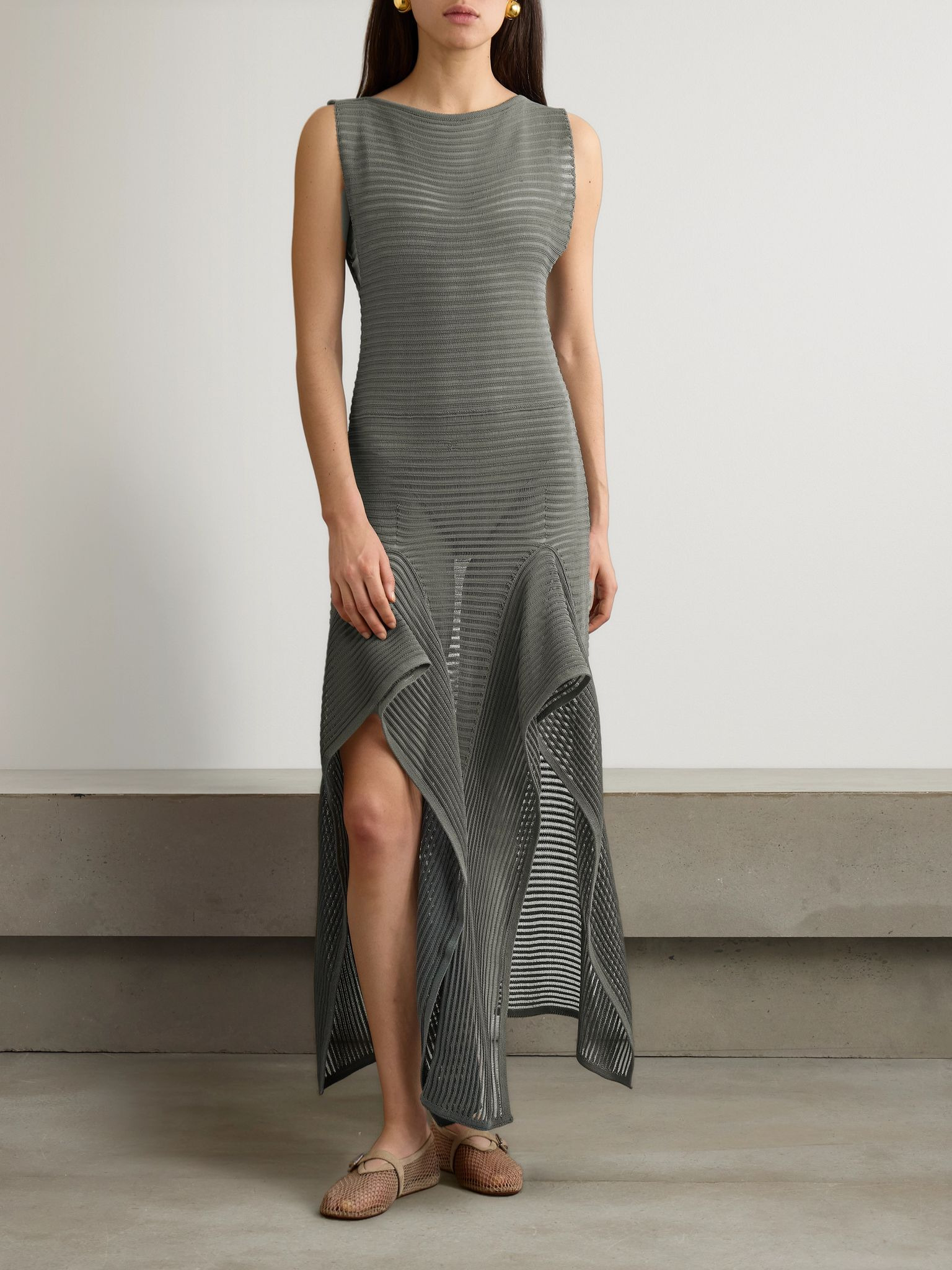 Ruffled ribbed open-knit cotton-blend midi dress Gray - 2