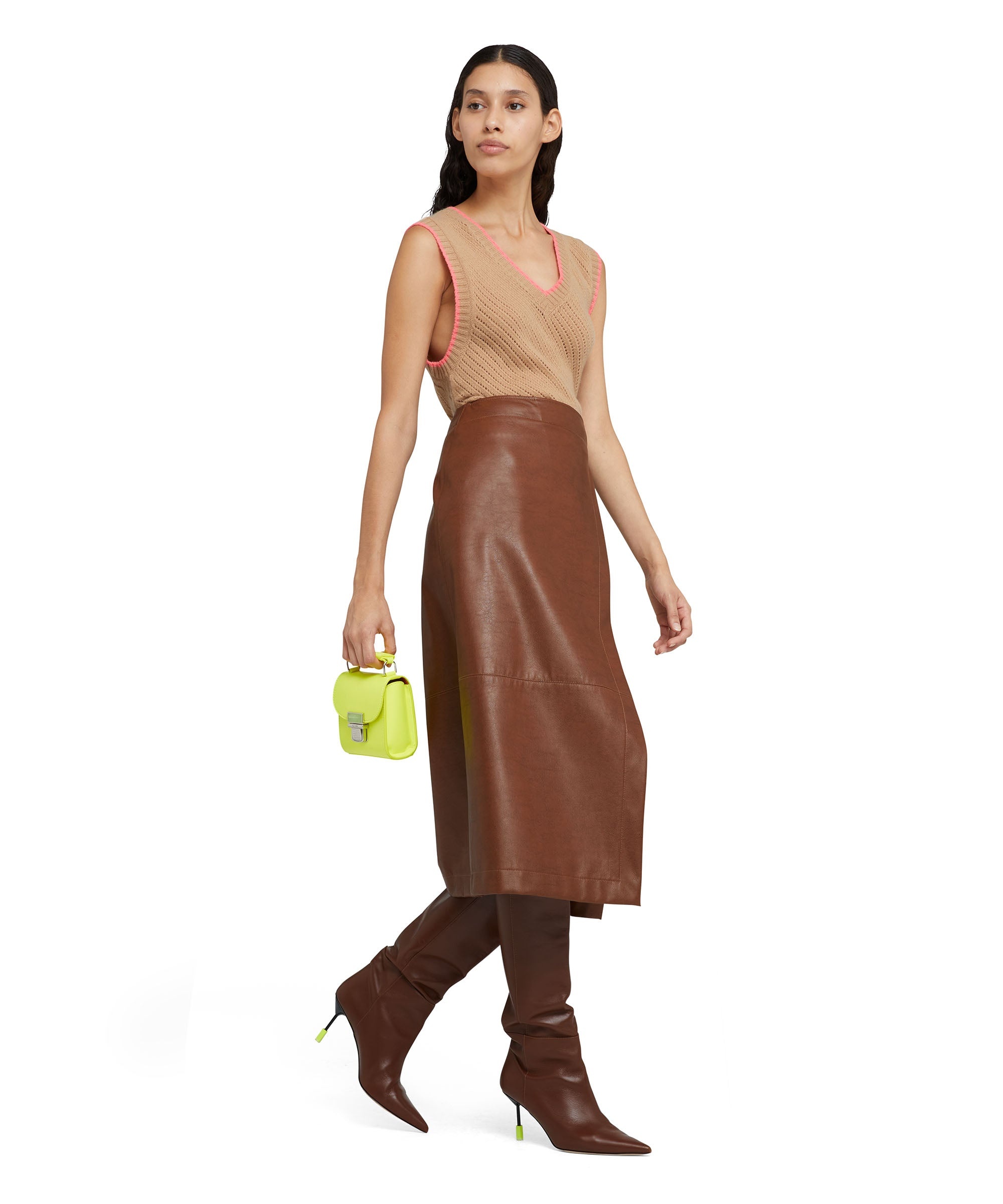 Faux leather midi skirt with wrap design and front slit - 2