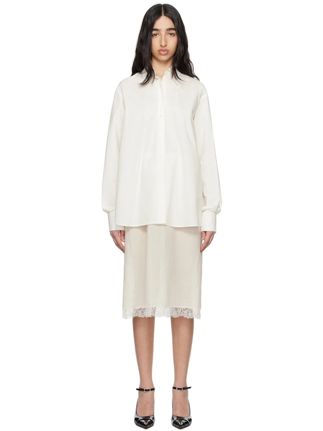 Off-White Cotton Poplin & Cotton Voile Midi Dress - 1