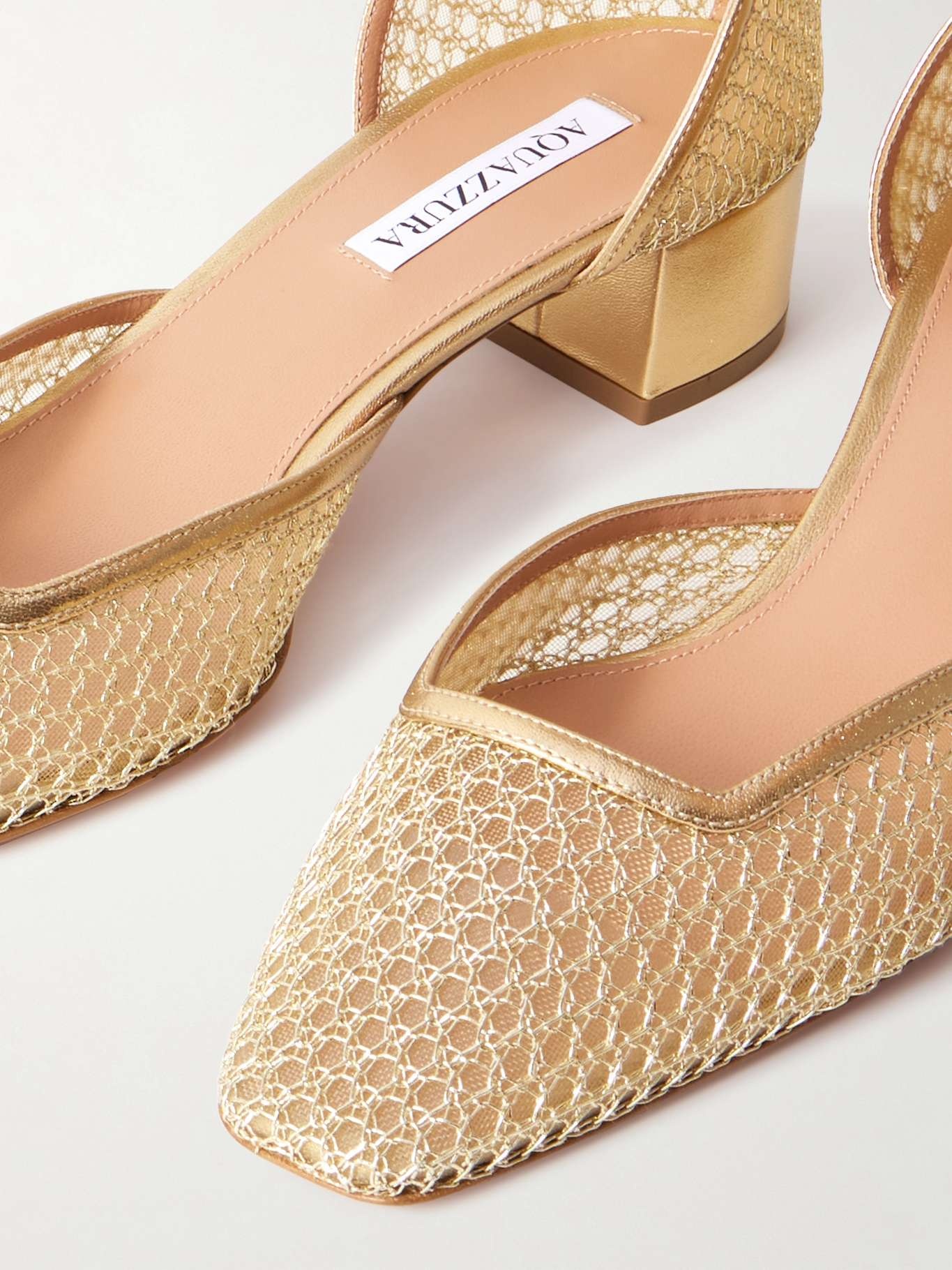 Asha 35 leather-trimmed metallic mesh pumps Gold - 4