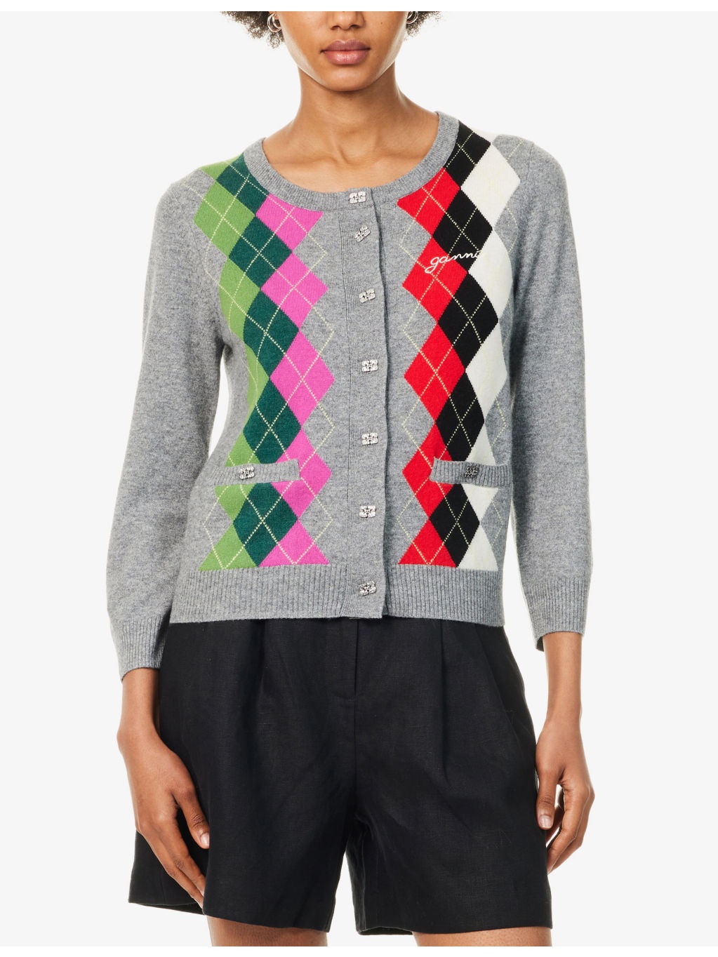 Rhombus-Print Round-Neck Wool And Cashmere Cardigan - 3
