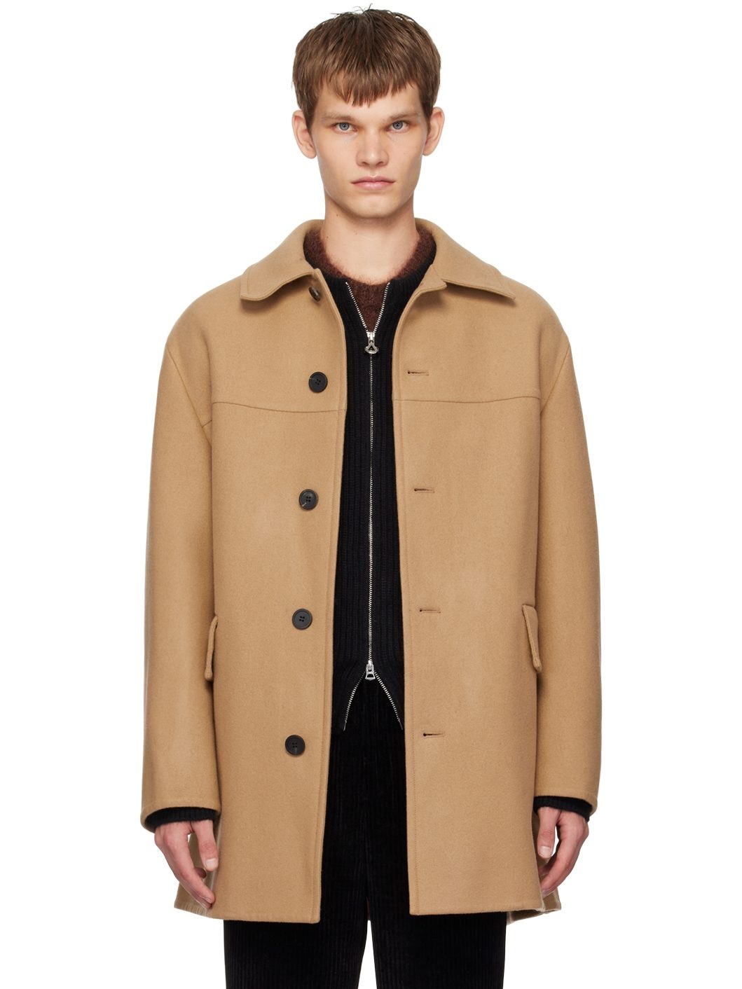 Beige Spread Collar Coat - 1