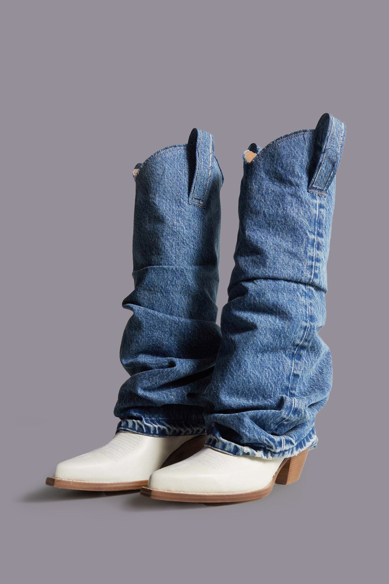 MID COWBOY BOOTS WITH DENIM SLEEVE - BLUE AND WHITE - 2