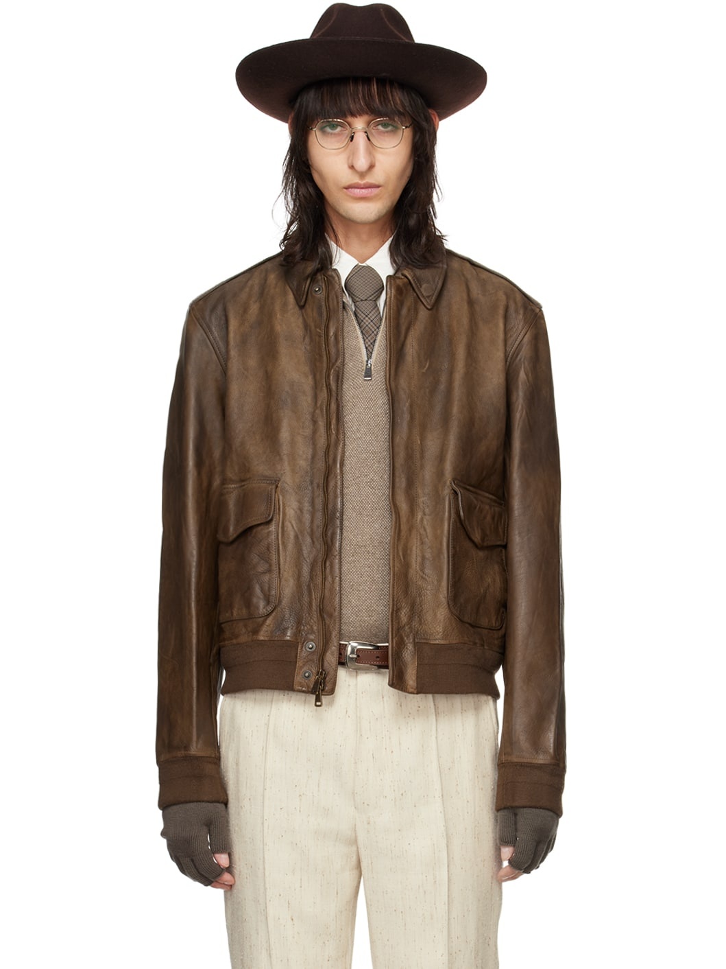 Brown Ridley Leather Bomber Jacket - 1
