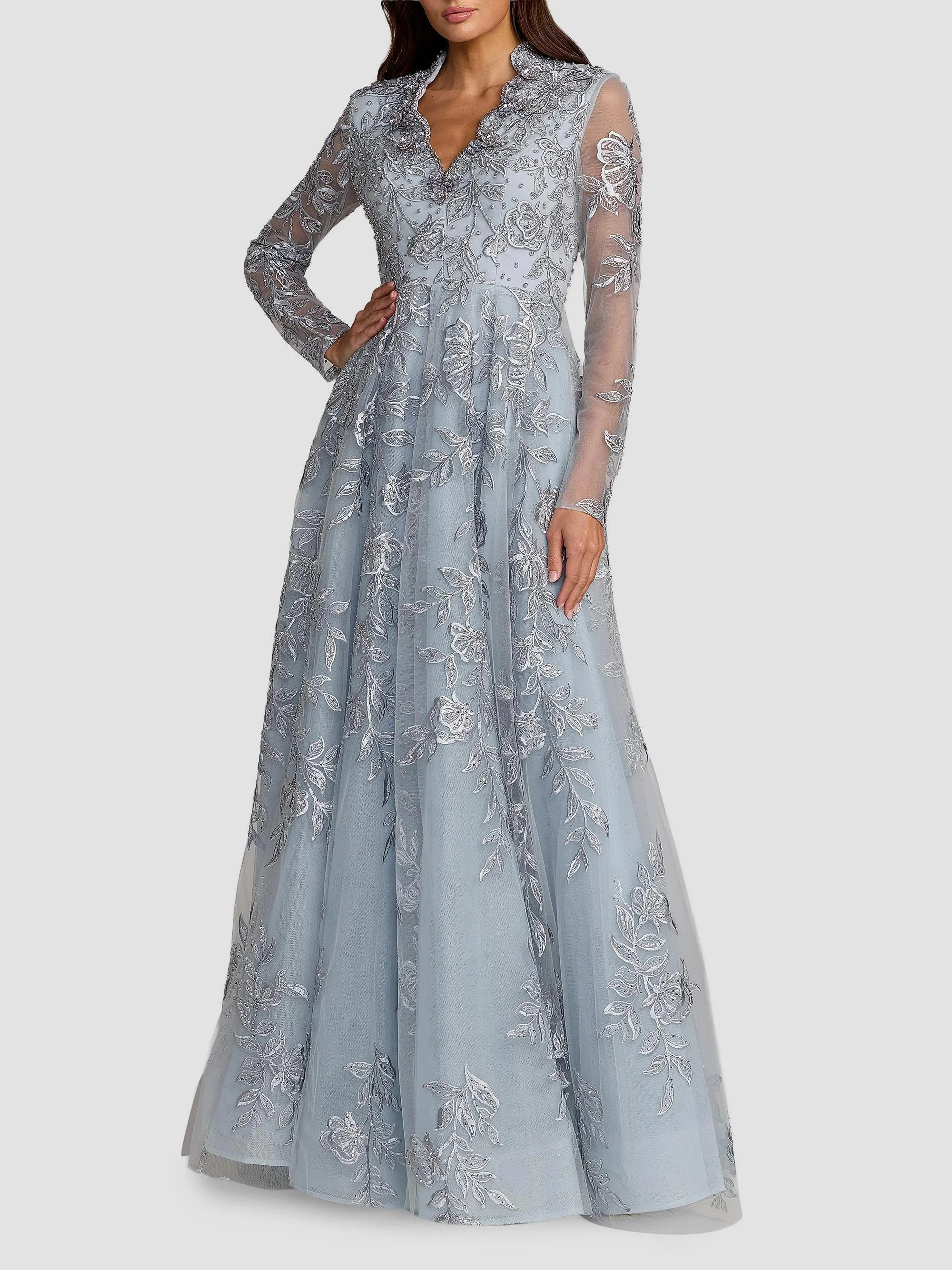 Women's Floral Embroidered A-Line Gown - Slate Blue - 1