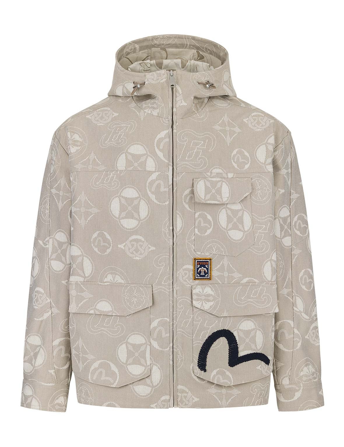 Allover Kamon and Seagull Jacquard Relax Fit Hooded Jacket - 11