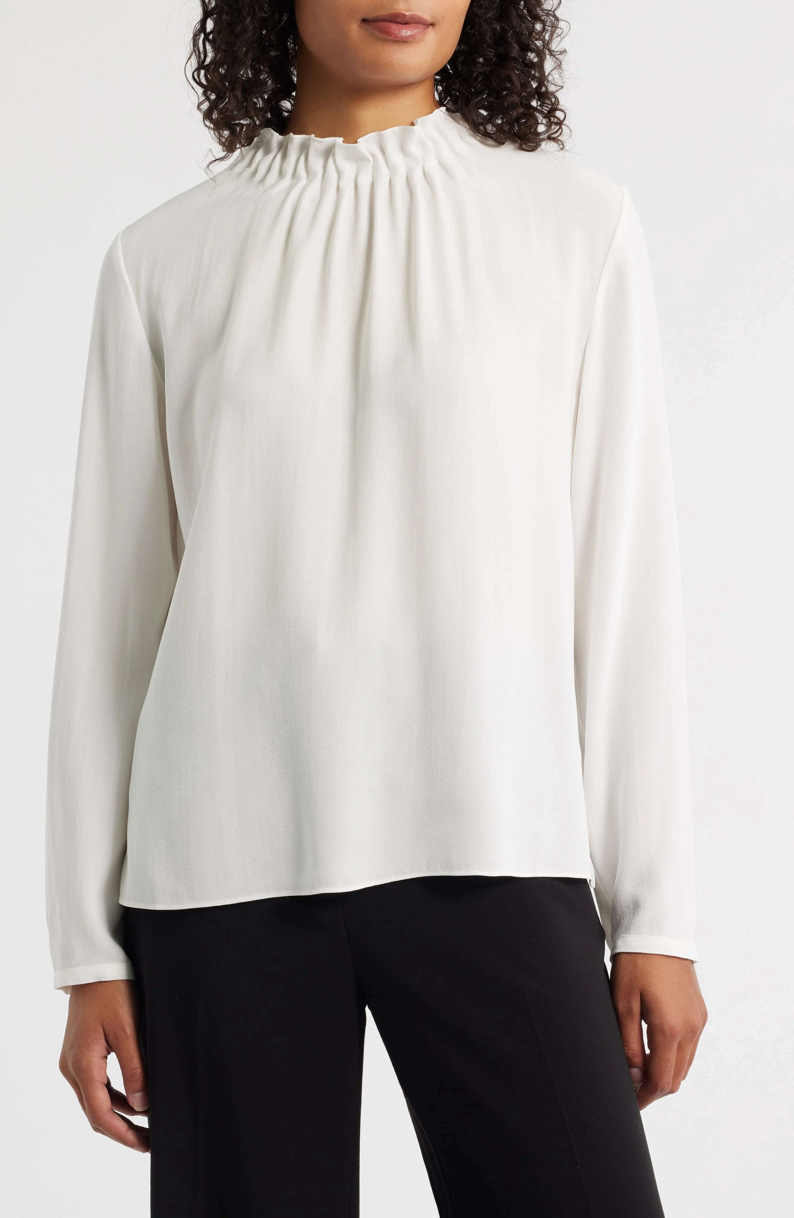 Eileen Fisher Gathered Neck Long Sleeve Silk Shirt in Ivory at Nordstrom - 1
