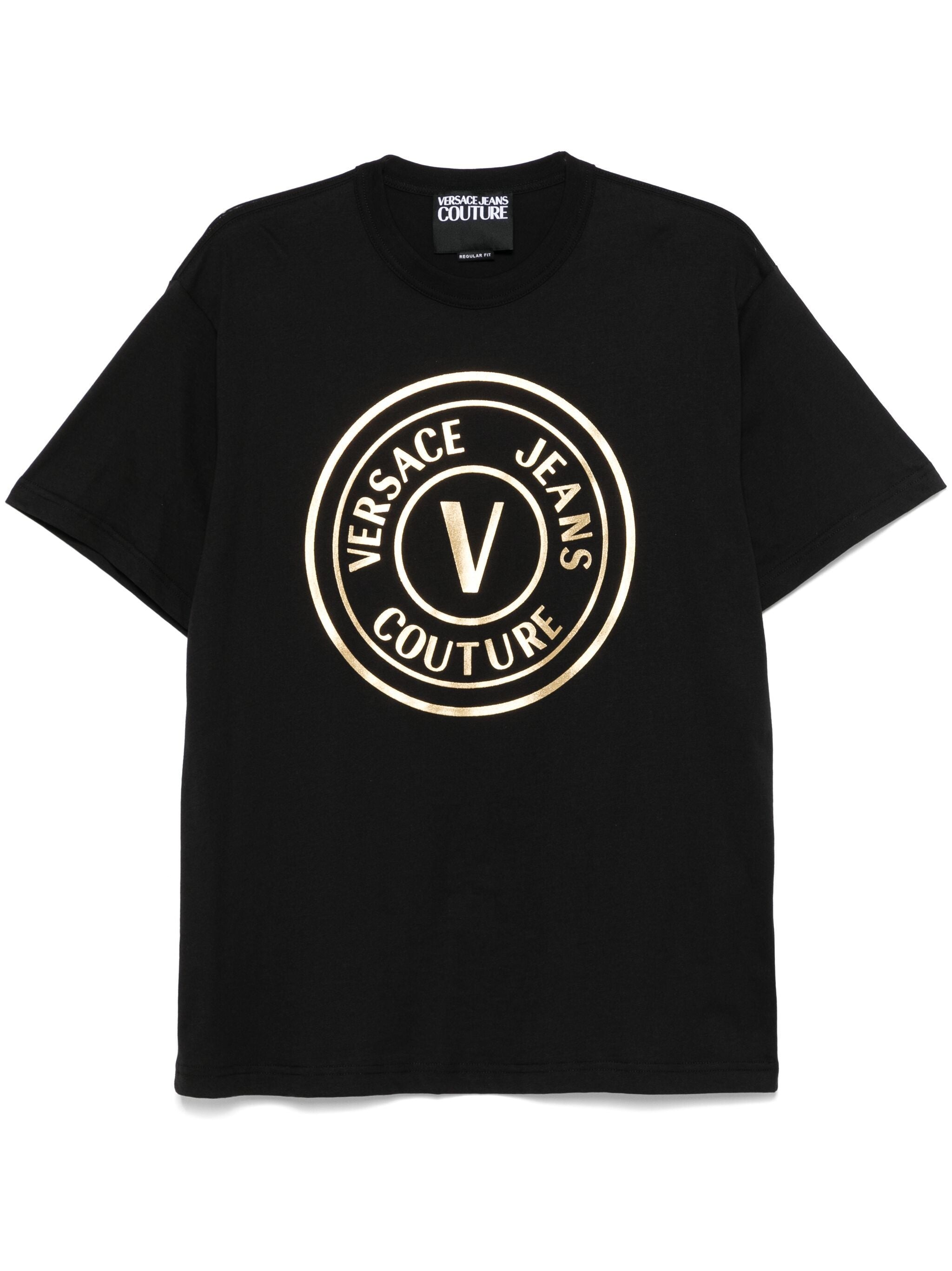VERSACE｜ (V-Emblem T-Shirt (78GAHC01CJ01C G89)) V-Emblem Metallic Logo T-Shirt | VERSACE US
