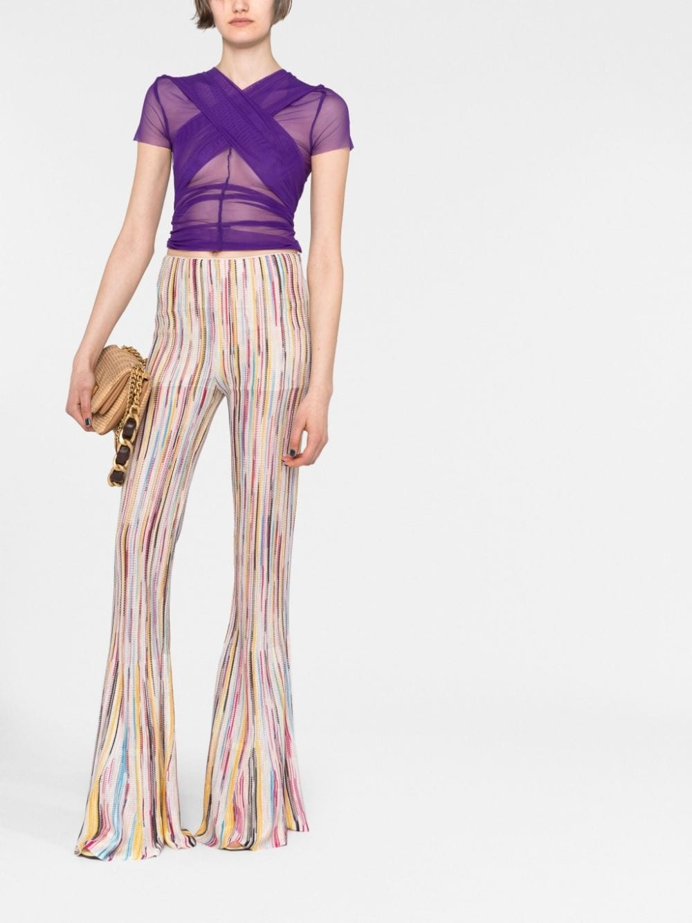 stripe-pattern semi-sheer flared trousers - 2