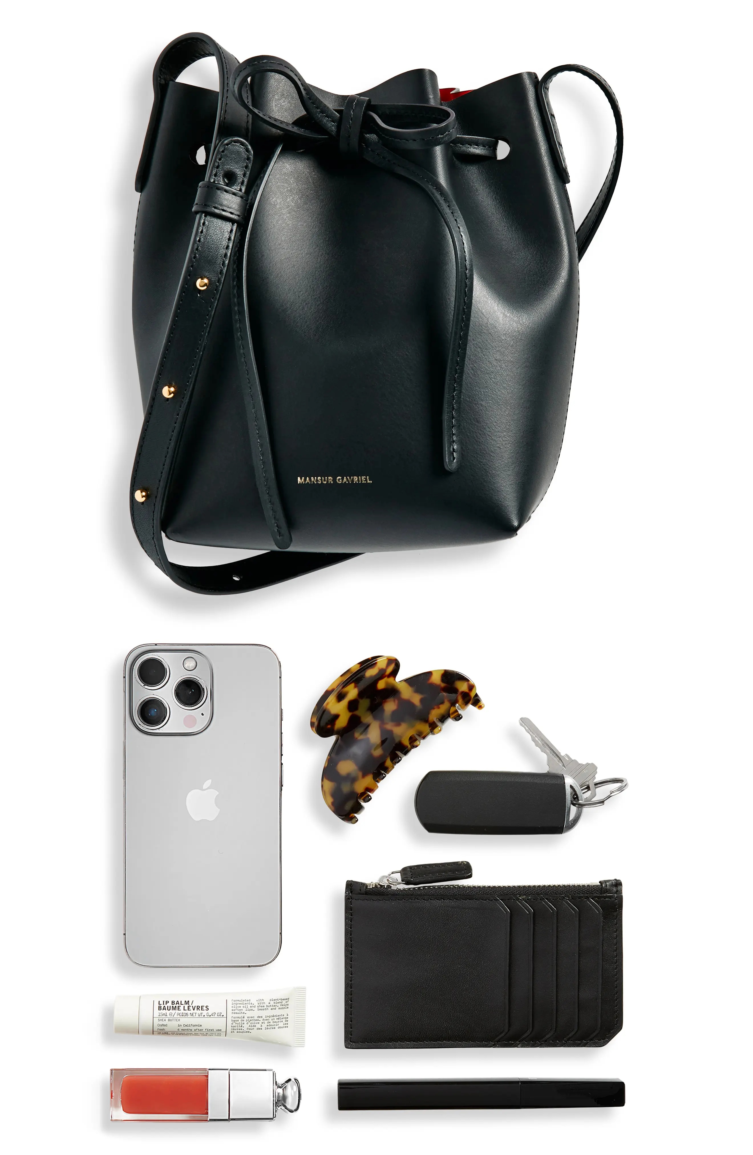 Mini Mini Leather Bucket Bag in Black/Flamma - 5