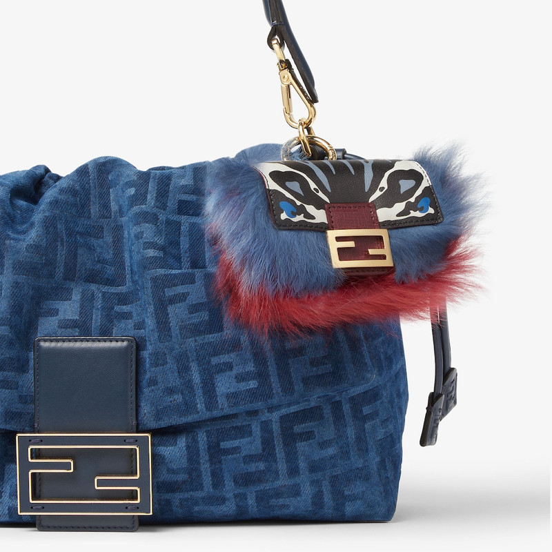 Nano Baguette Charm Printed leather and blue and red shearling charm 2