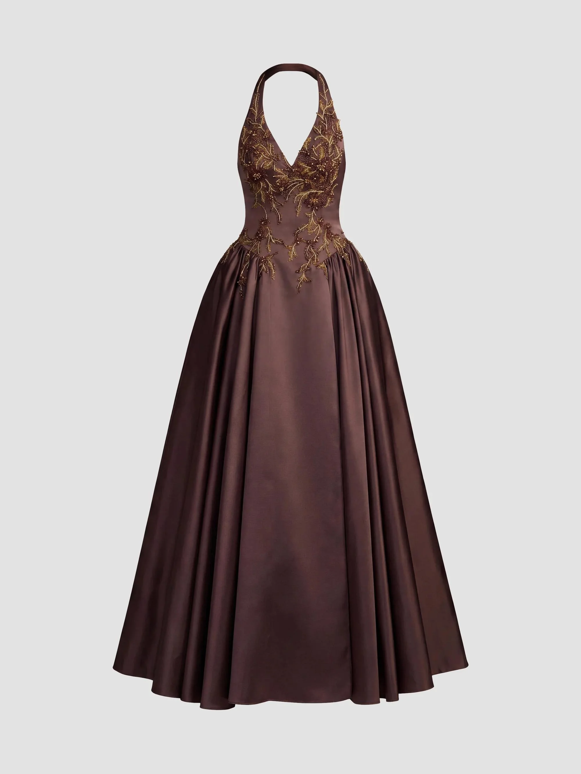 Women's Satin Beaded-Bodice Gown - Chocolate - 1
