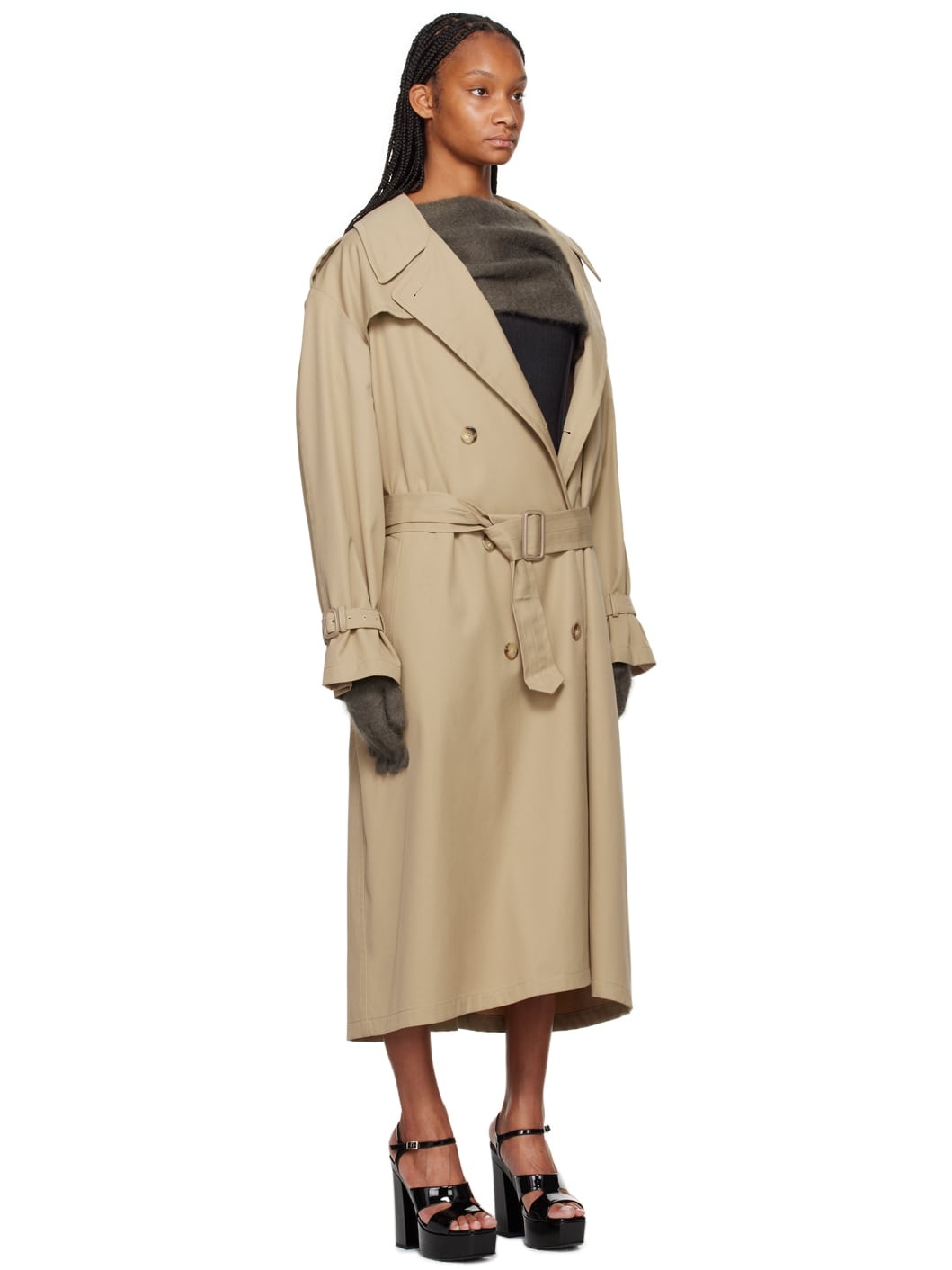 Beige Notched Lapel Trench Coat - 2
