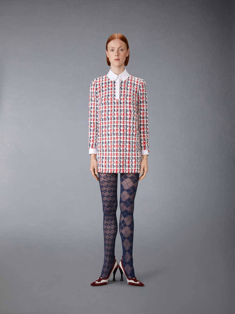 Thom Browne GINGHAM SATIN RIBBON TWEED SHIFT DRESS outlook