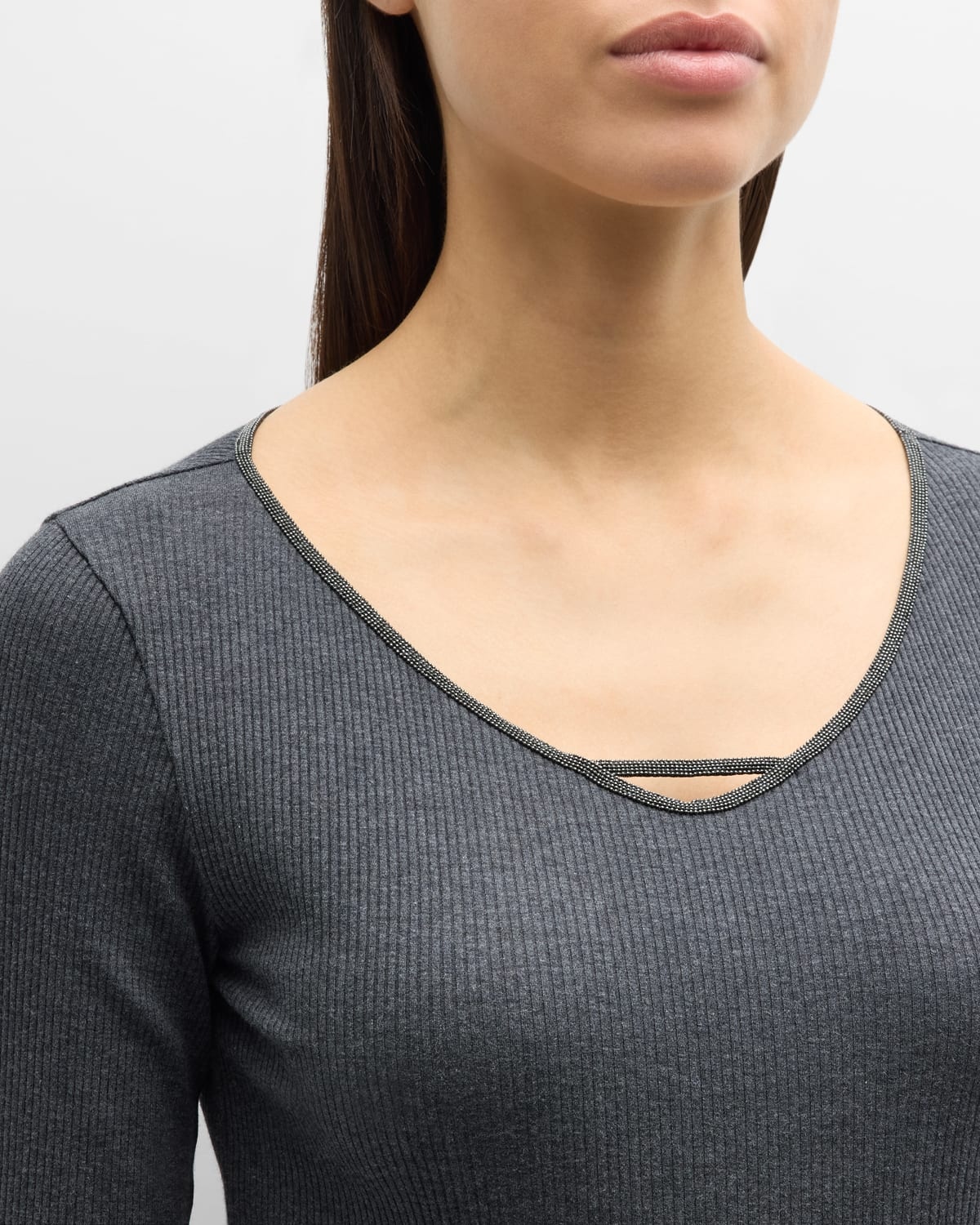 Cotton Stretch Ribbed Top with Monili Neckline - 5