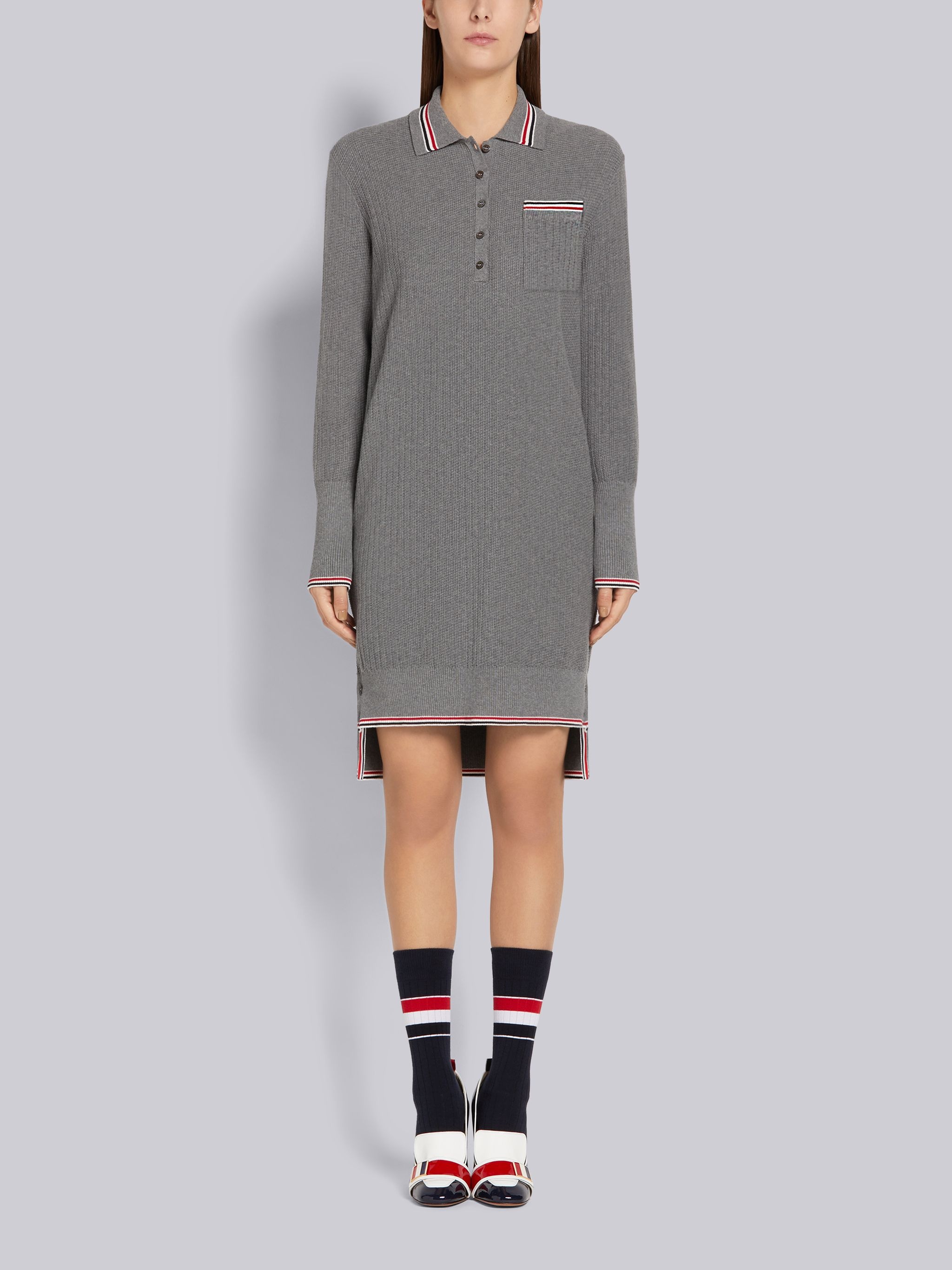 Light Grey Overtwisted Cotton Textured Stitch Stripe Long-sleeved Polo Dress - 1