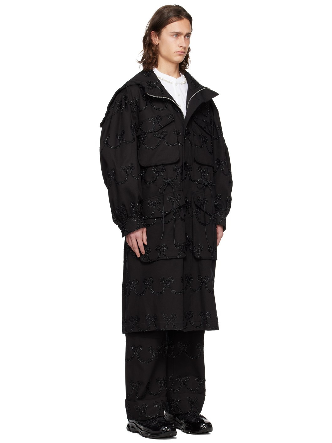Black Embroidered Denim Coat - 2