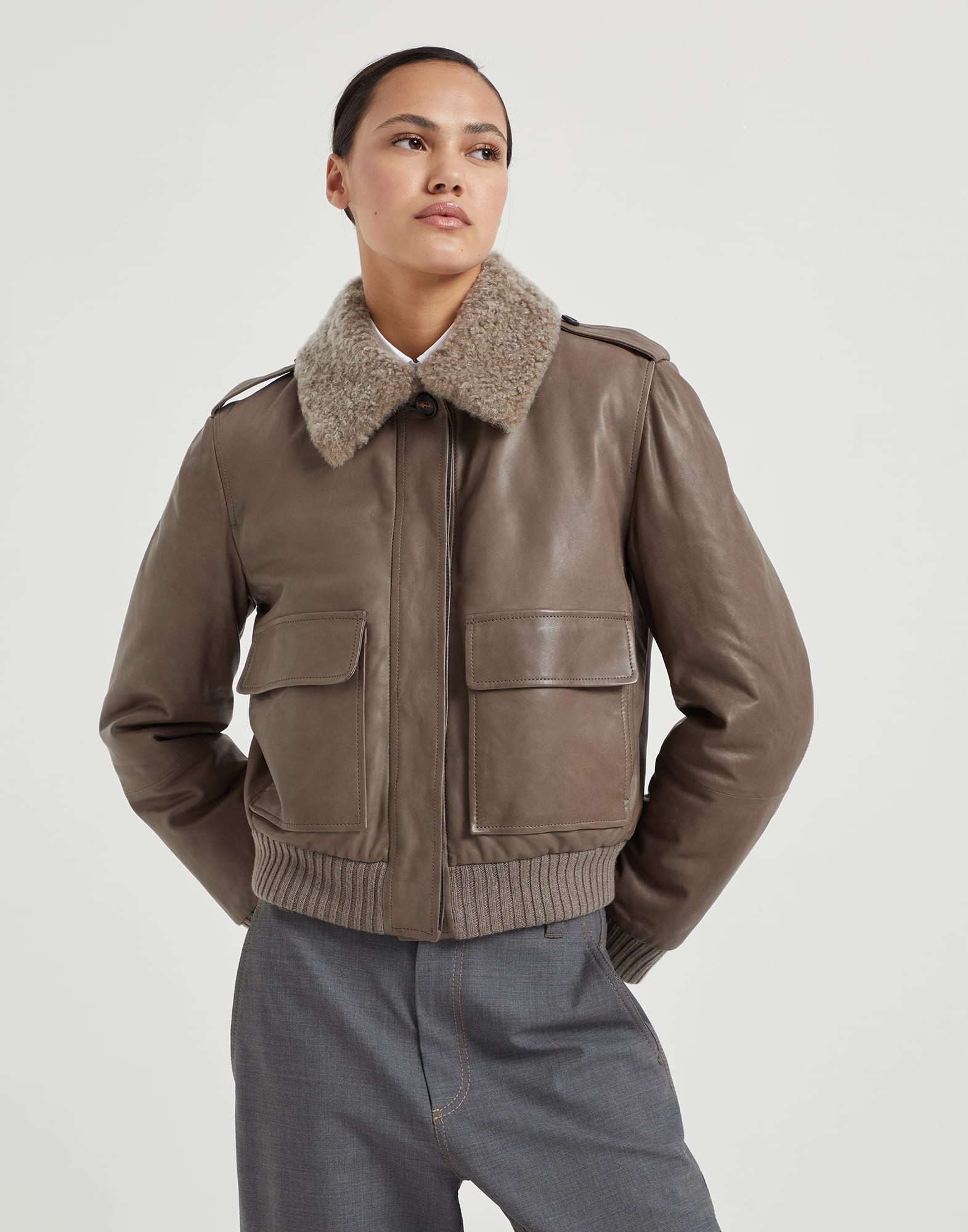 Country nappa leather padded outerwear jacket with detachable shearling collar and monili - 1