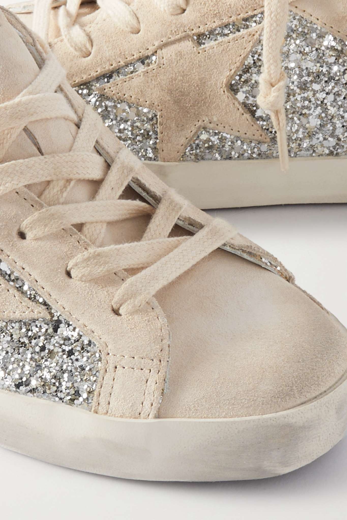 Super-Star leather-trimmed distressed glittered suede sneakers - 4