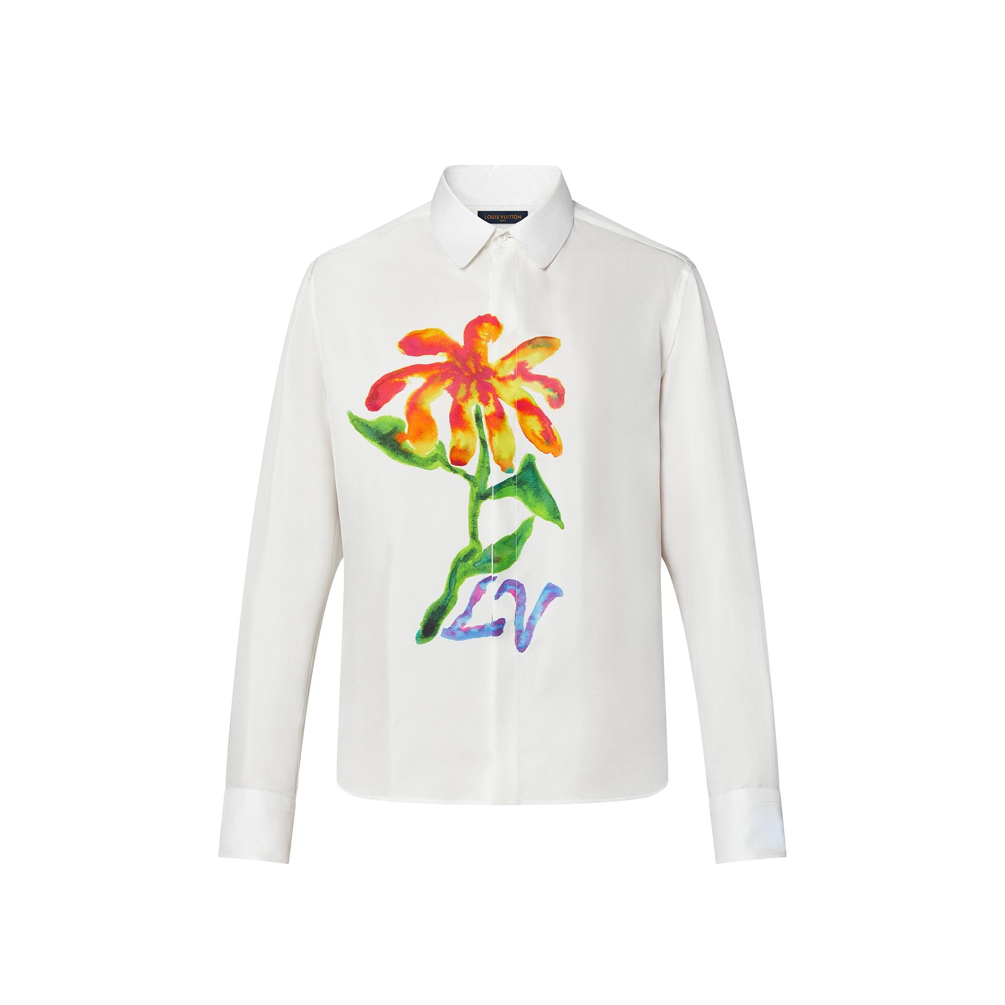 Printed Flower Long Sleeve Silk Shirt - 1