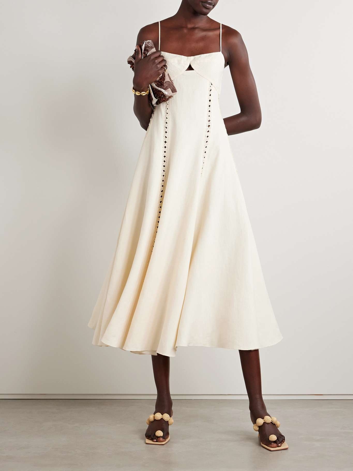 Catamaran Ventures crochet-trimmed embroidered linen midi dress Ecru - 2