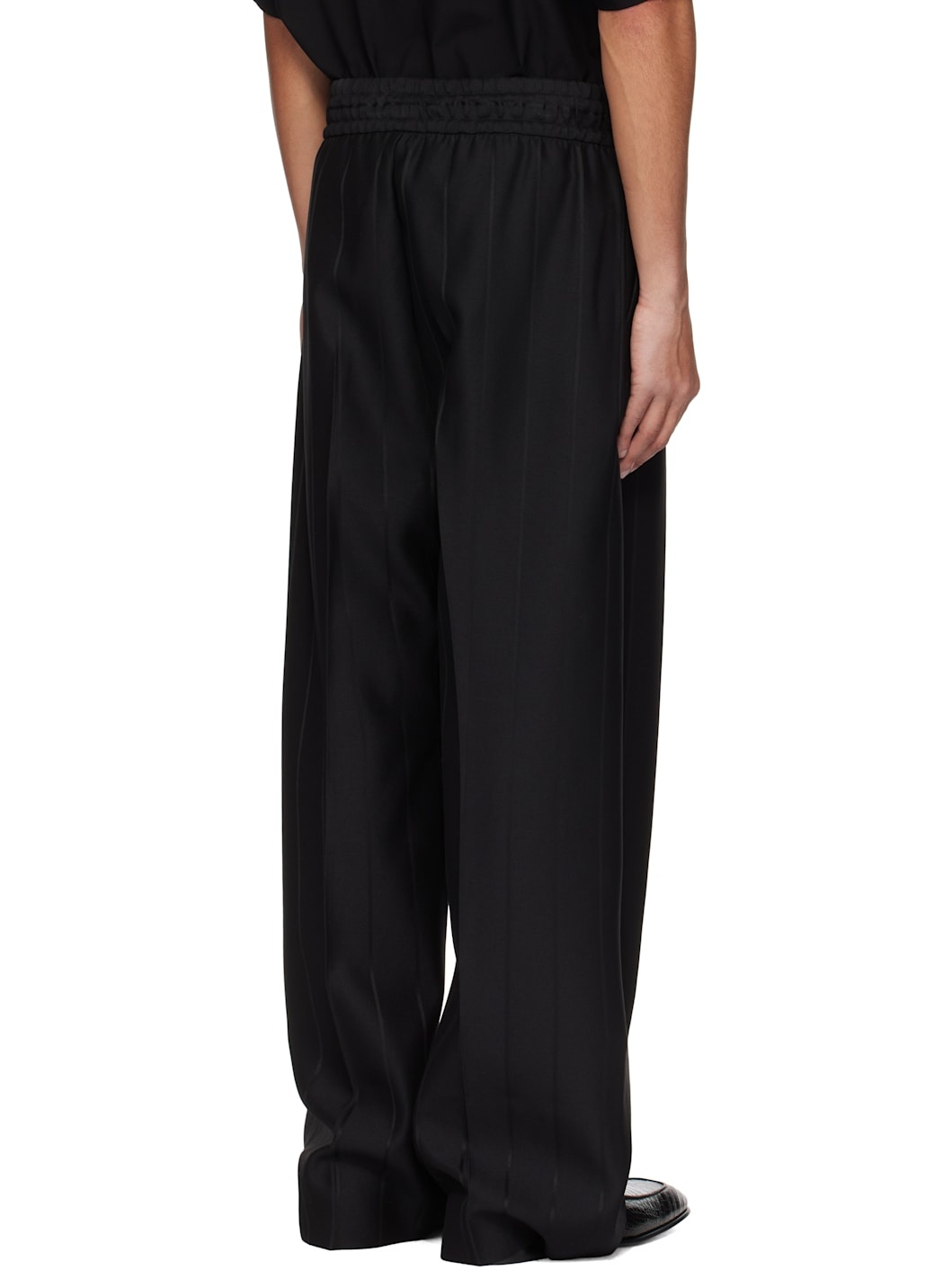 Black Pinstripe Drawstring Wide Leg Trousers - 3