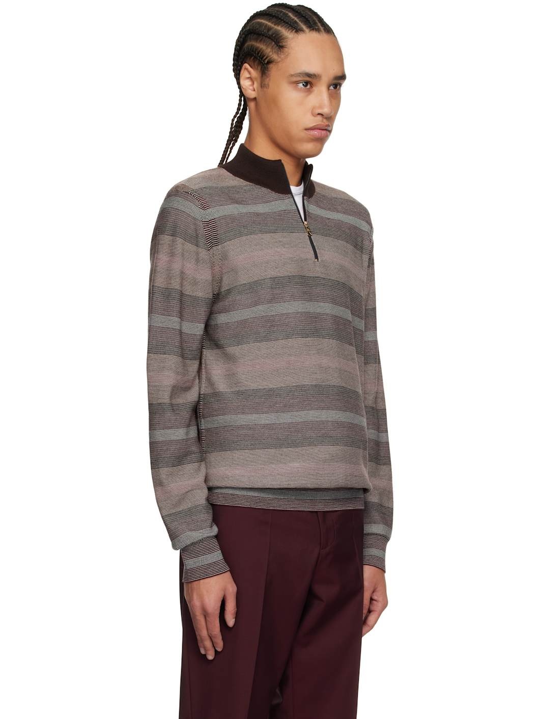 Brown Hazy Stripe Zip Sweater - 2