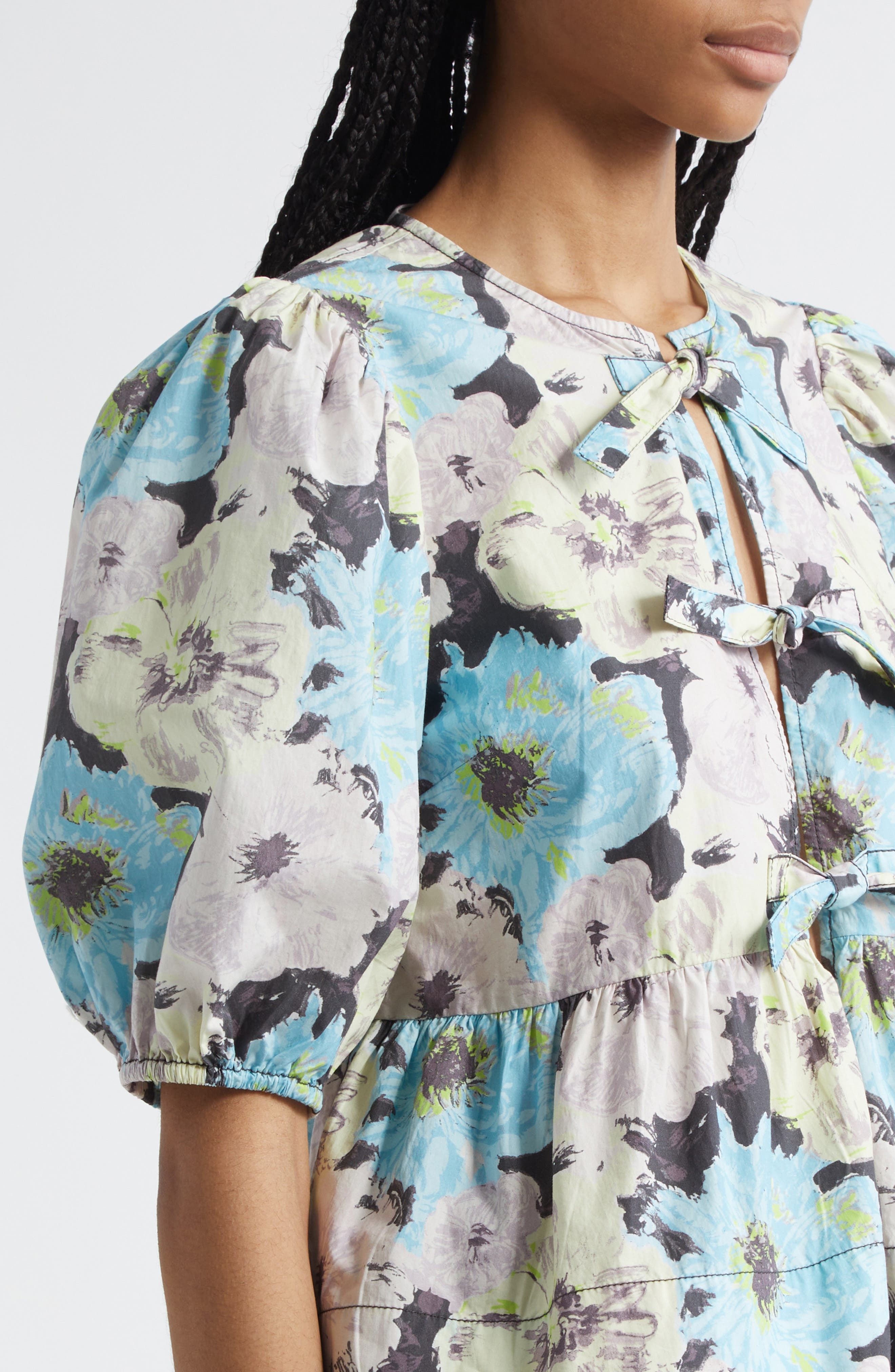 Ganni Print Puff Sleeve Peplum Organic Cotton Top in White Multicolor at Nordstrom - 4