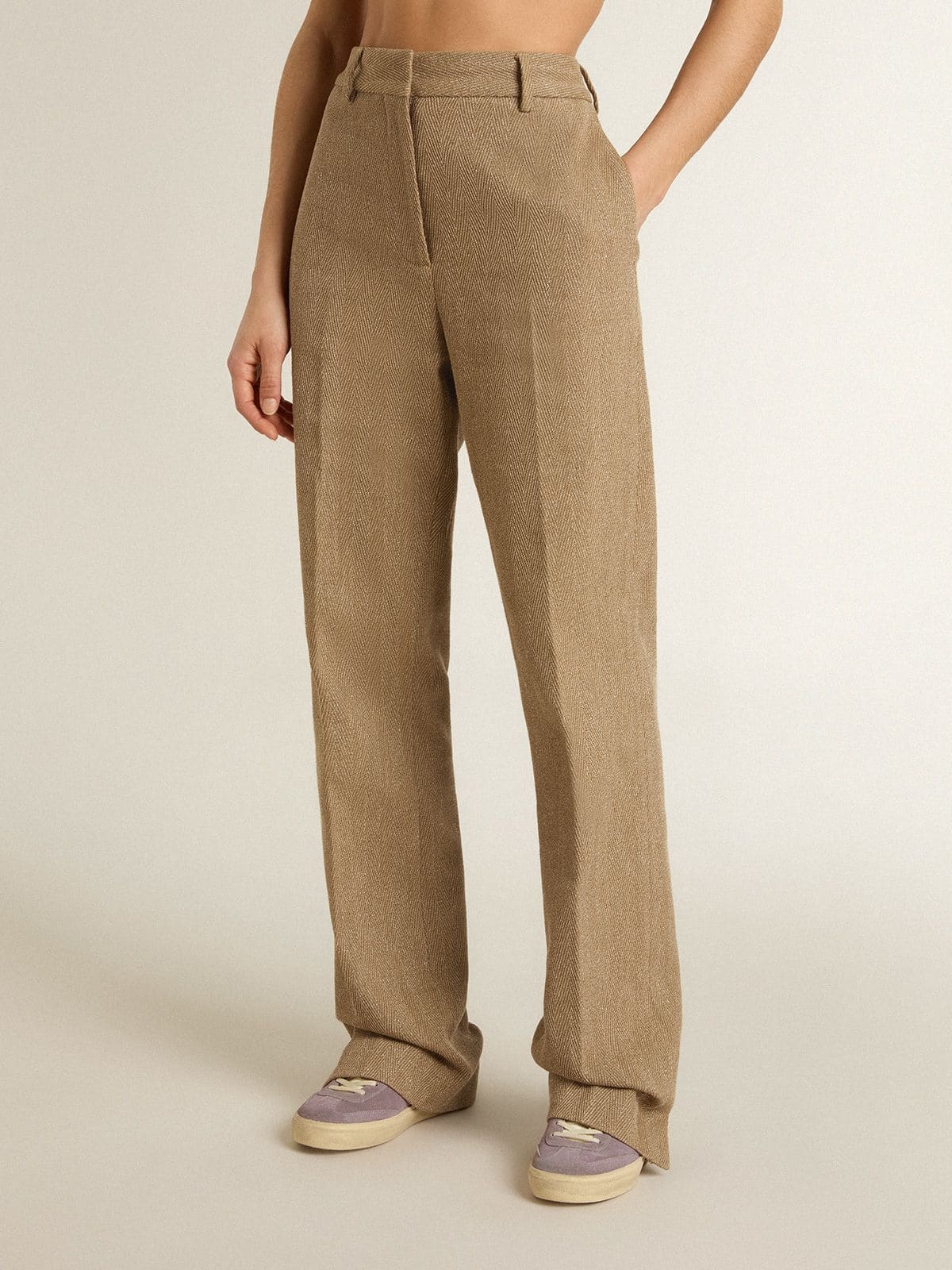 Women's trousers in a sand-colored herringbone linen blend - 2