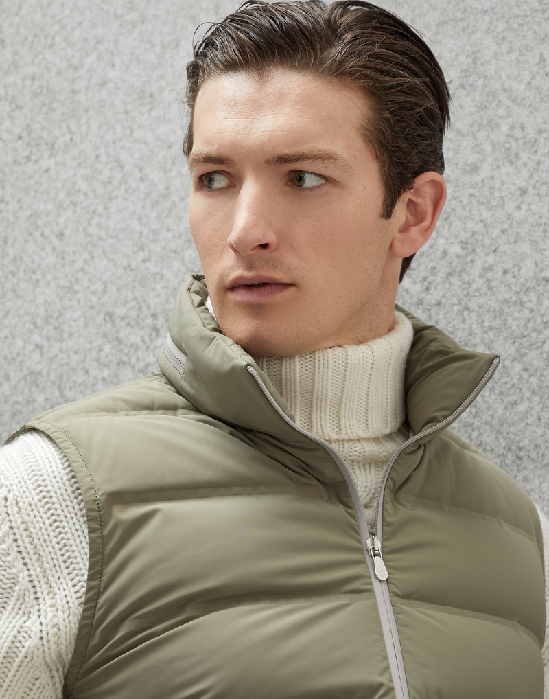 Bonded nylon down vest with packable hood and heat bonded seams 3