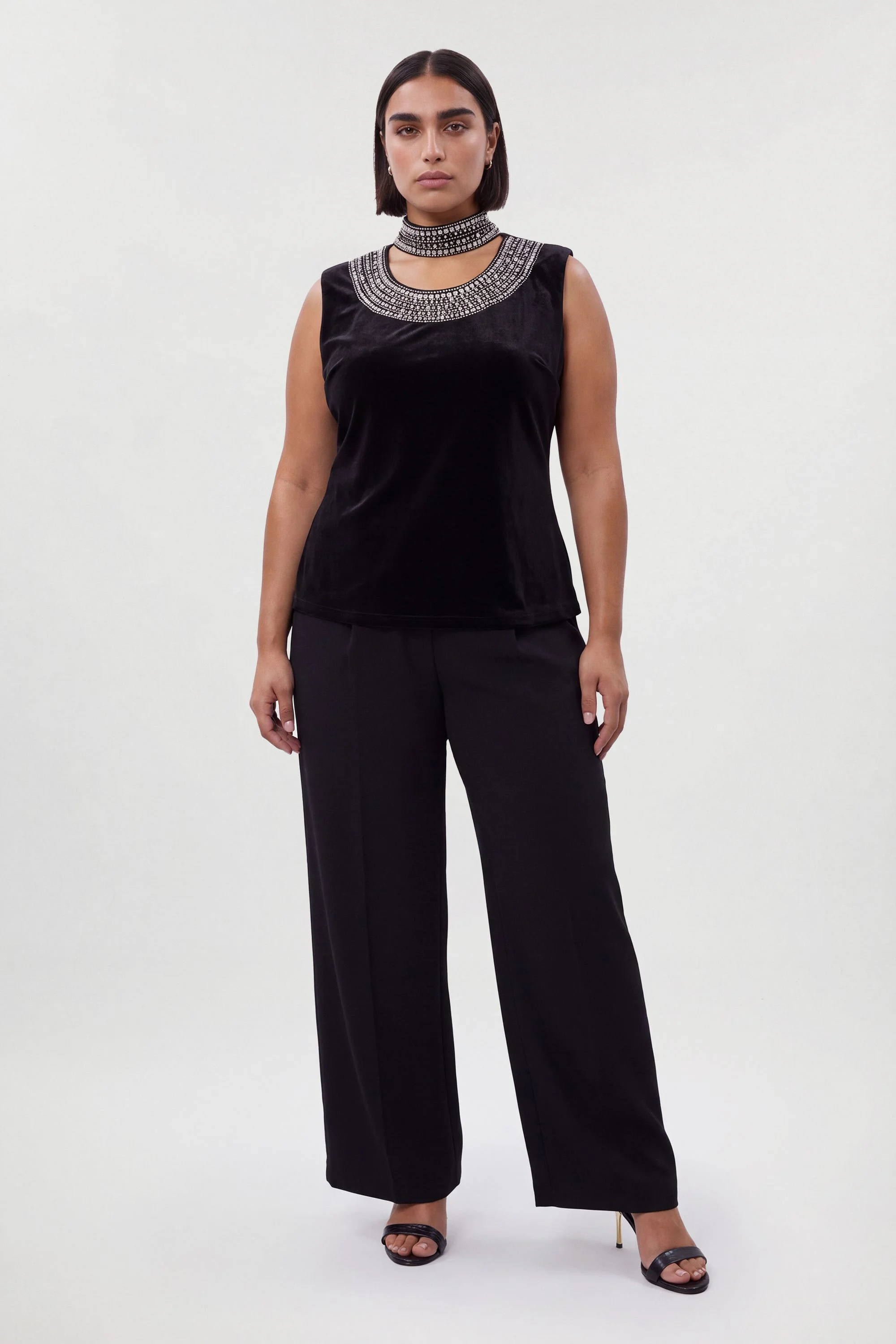 Plus Size Crystal Trim Velvet Long Sleeve Top - 1