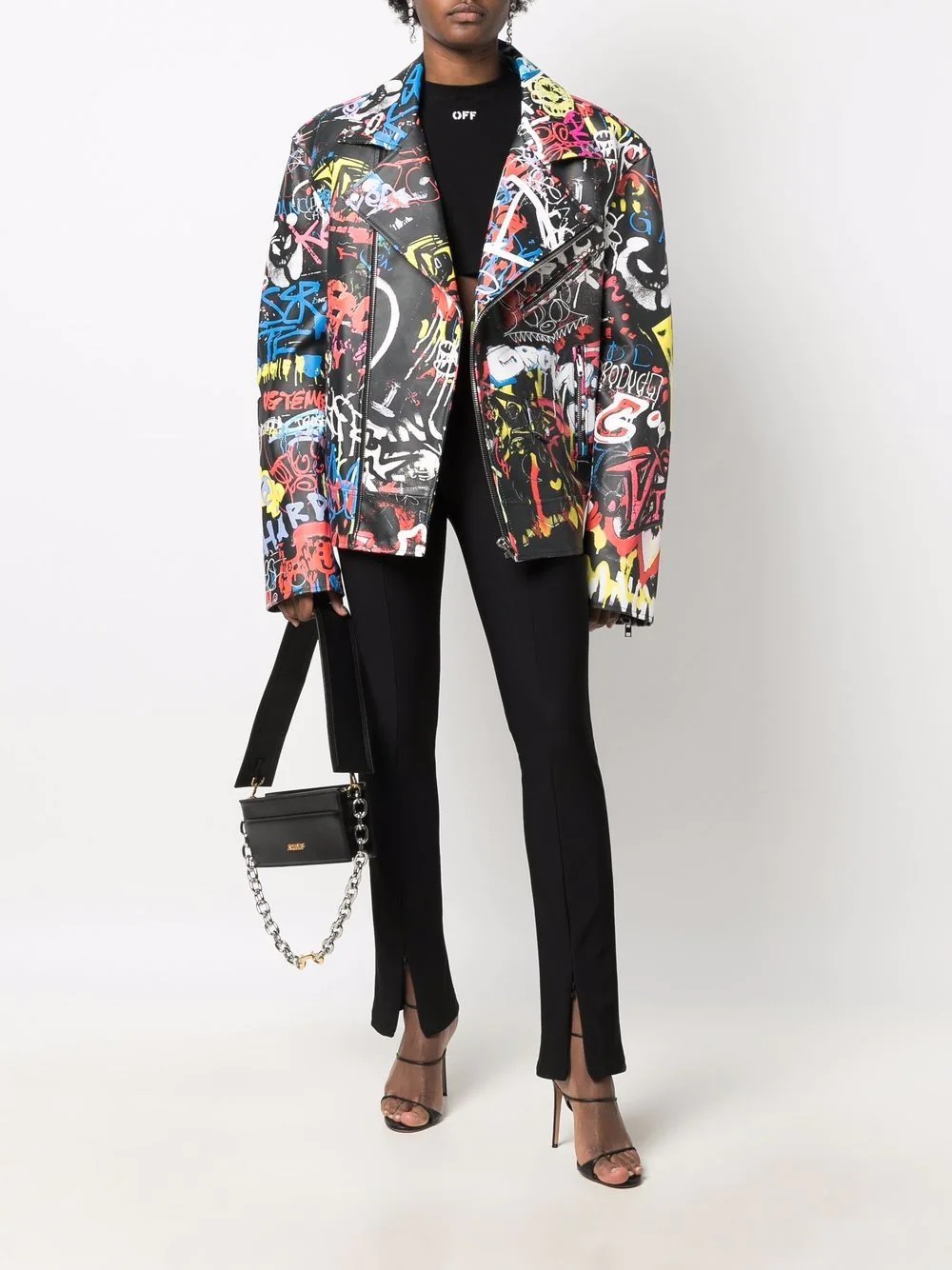 Graffiti-print leather biker jacket - 3