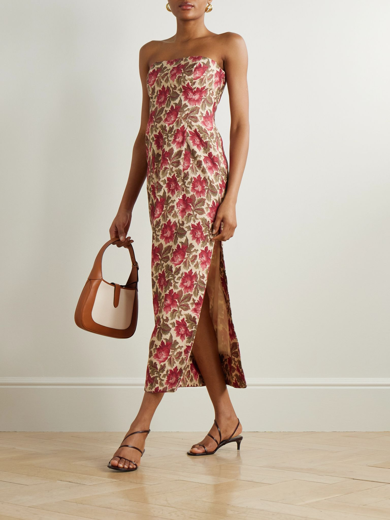 Rosalie strapless pintucked floral-print linen midi dress Red - 2