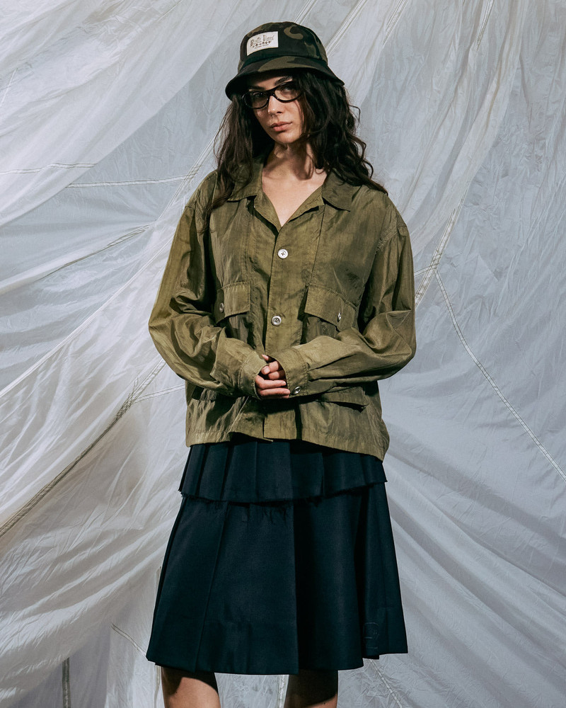 Cropped Nylon Button Up Shirt - Army 7