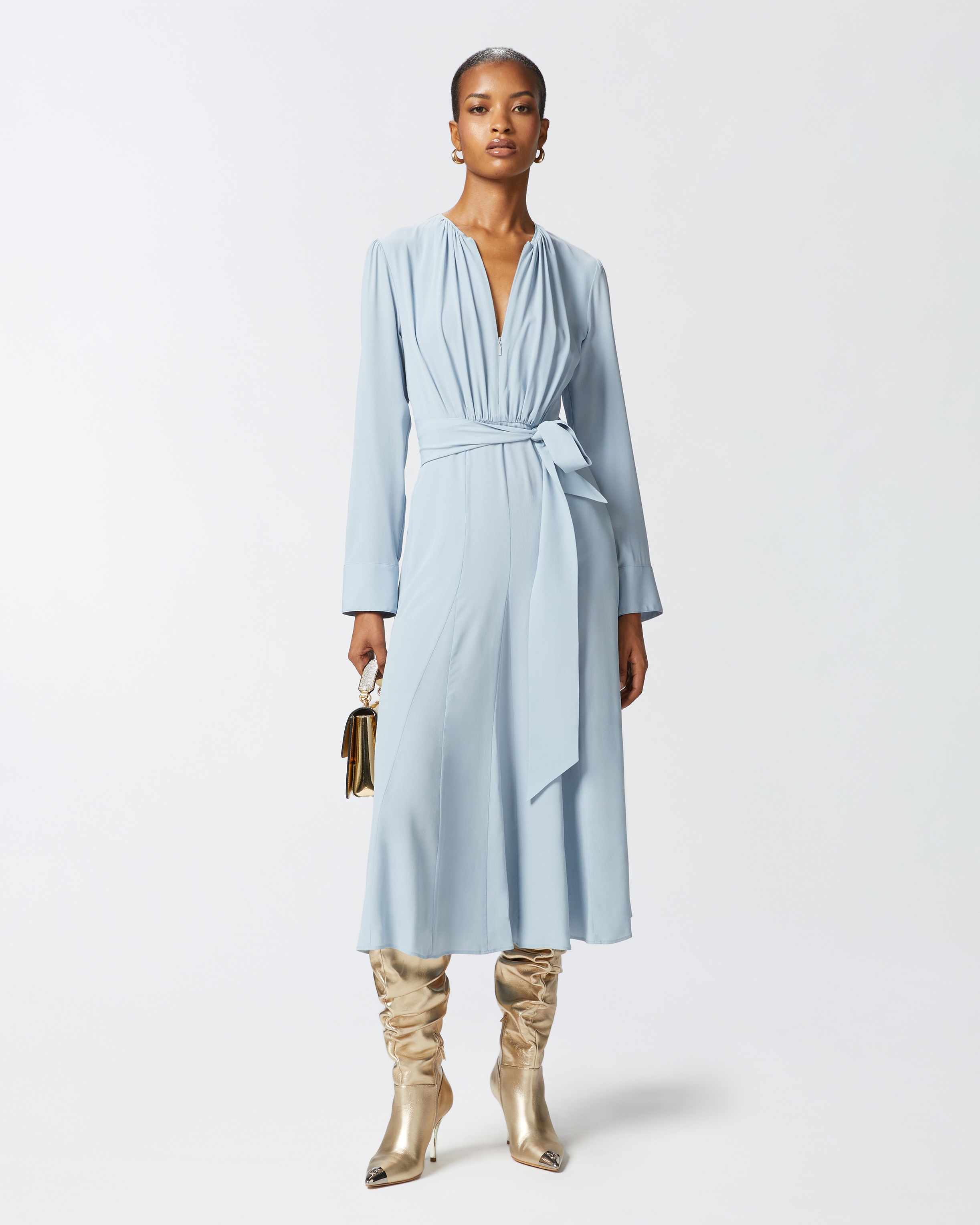 LONG SILK-BLEND DRESS WITH BELT AND LONG SLEEVES - 3