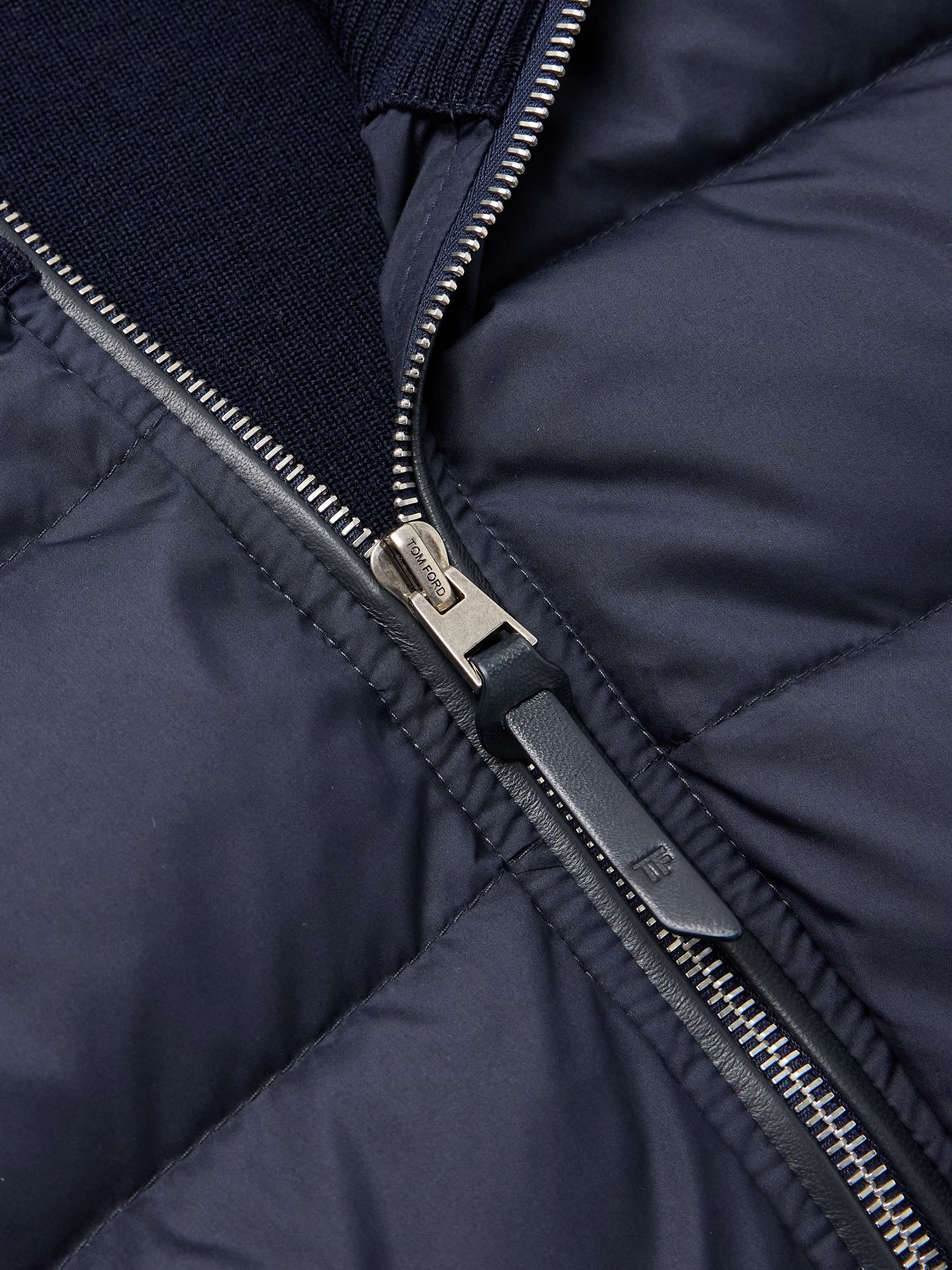 Leather-Trimmed Quilted Shell and Wool Down Jacket Navy - 4