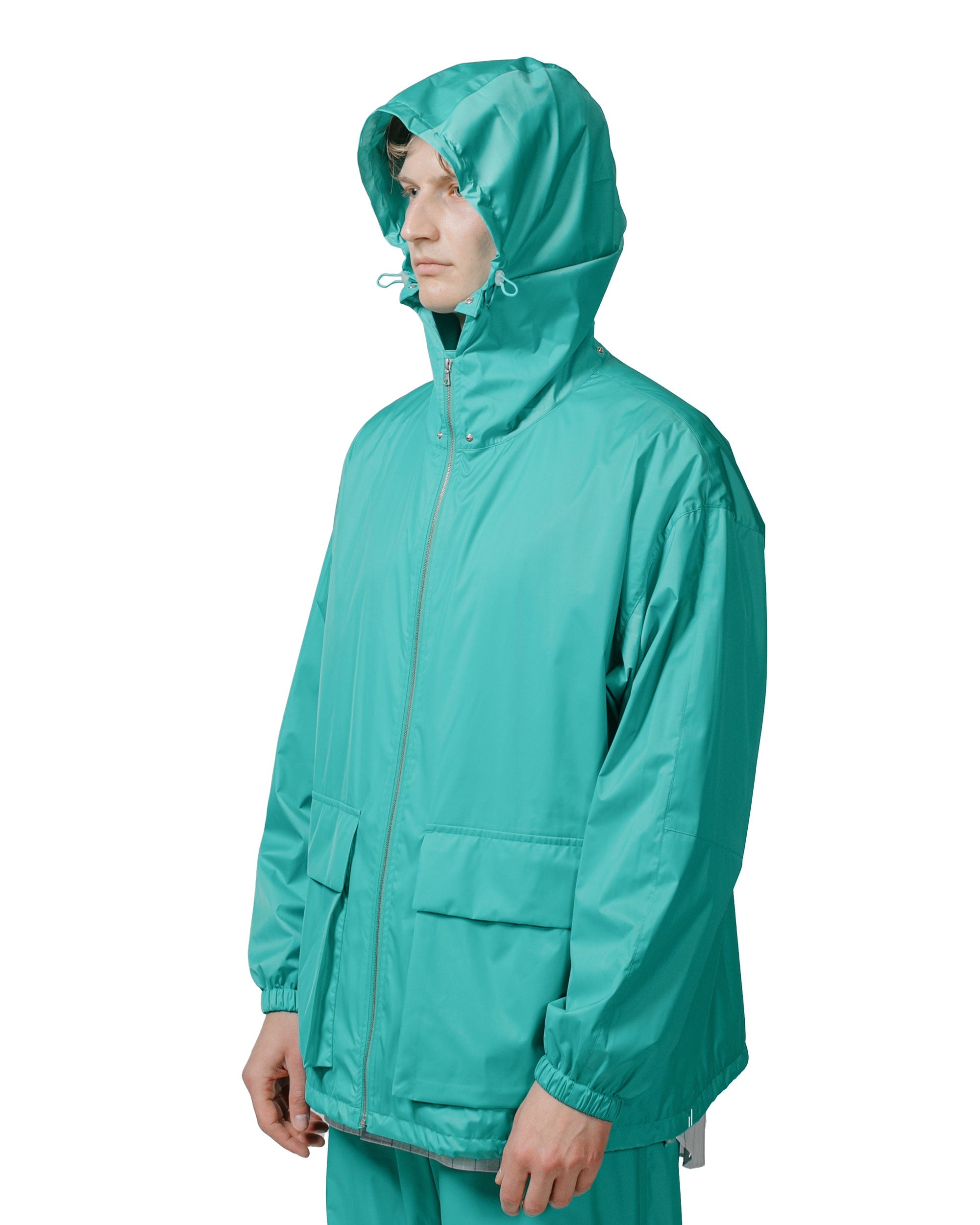 Hard Twist Polyester Satin Laminate Zip Blouson Turquoise Blue - 4