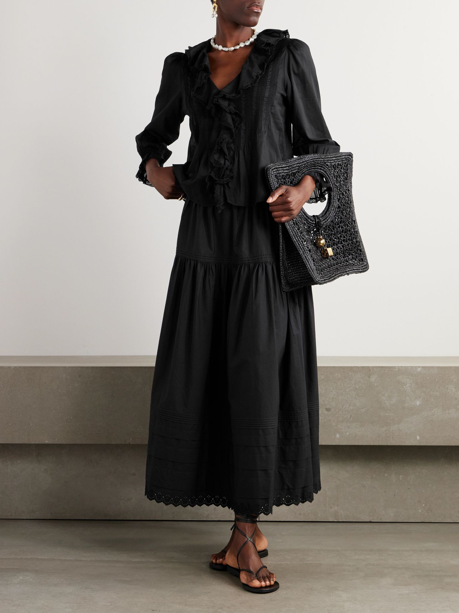 Hardy lace-trimmed ruffled pintucked organic cotton-voile blouse Black - 2
