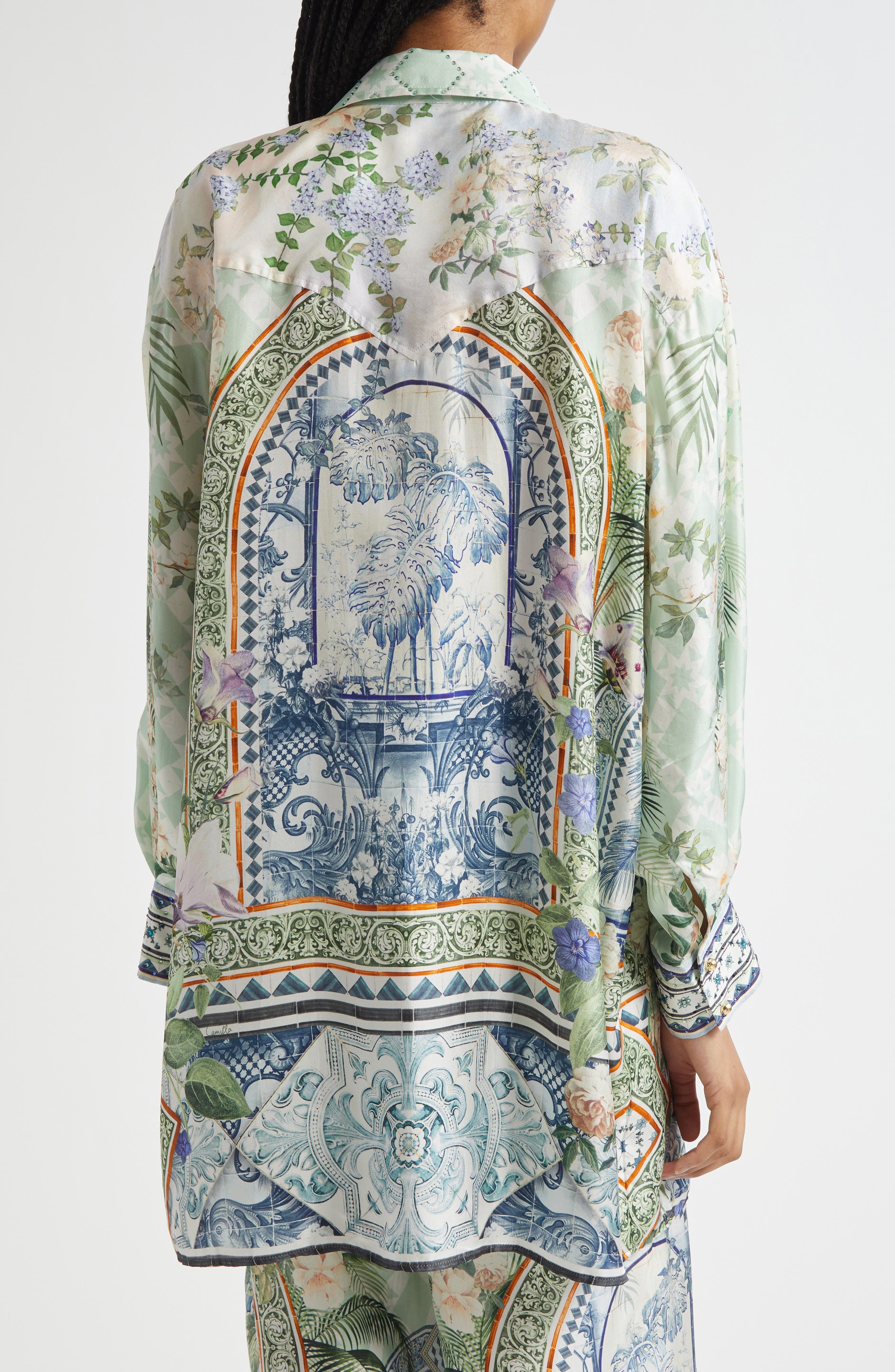 Camilla Long Sleeve Silk Shirtdress in Jardim Party at Nordstrom - 3