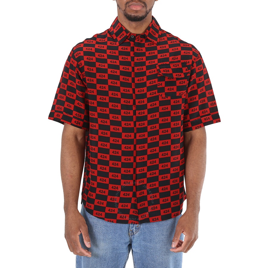 424 Men's Short-sleeve Repeat 424 Logo Shirt In Red/Black - 3