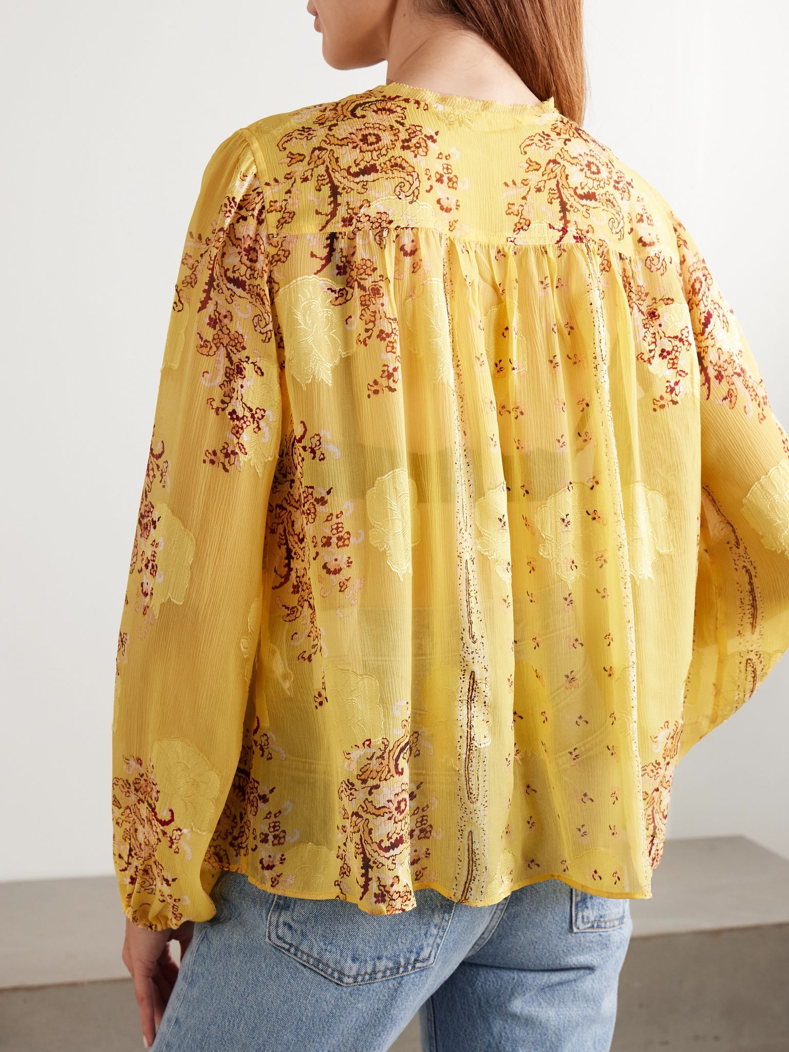 Aster picot-trimmed printed silk-blend crepon blouse Yellow - 4